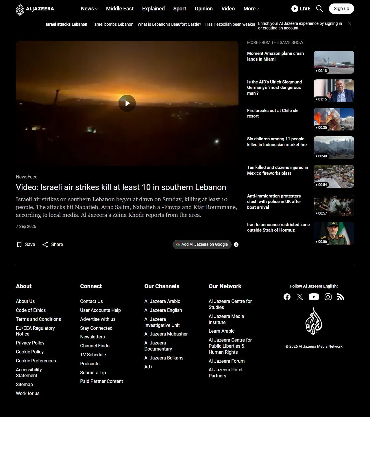 aljazeera.com as published: Video: Israeli air strikes kill at least 10 in southern Lebanon