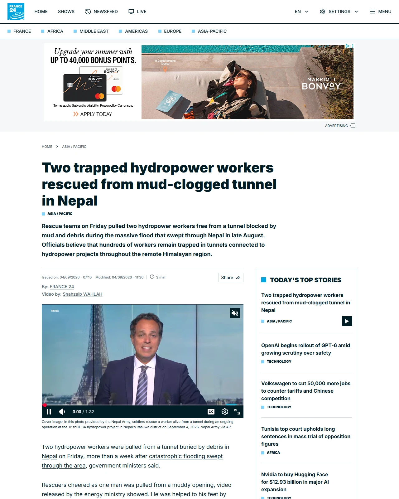 s.france24.com as published: Two trapped hydropower workers rescued from mud-clogged tunnel in Nepal