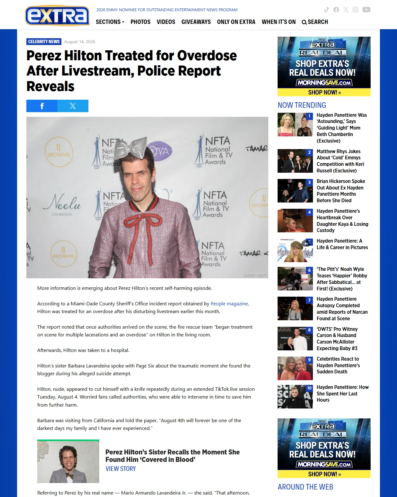 extratv.com as published: Perez Hilton Treated for 'Overdose' After Livestream, Police Report Reveals