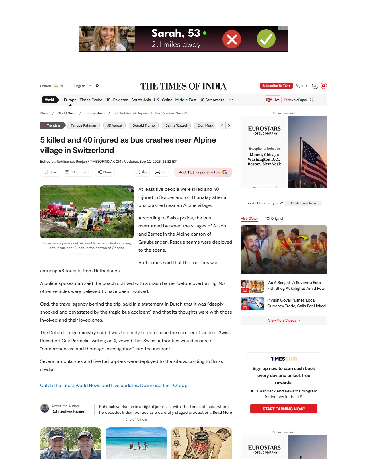 timesofindia.indiatimes.com as published: 5 killed and 40 injured as bus crashes near Alpine village in Switzerland