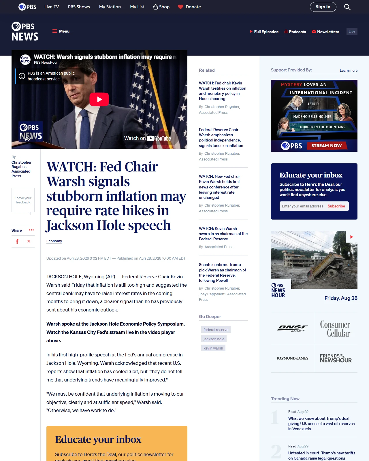 pbs.org as published: WATCH: Fed Chair Warsh signals stubborn inflation may require rate hikes in Jackson Hole speech