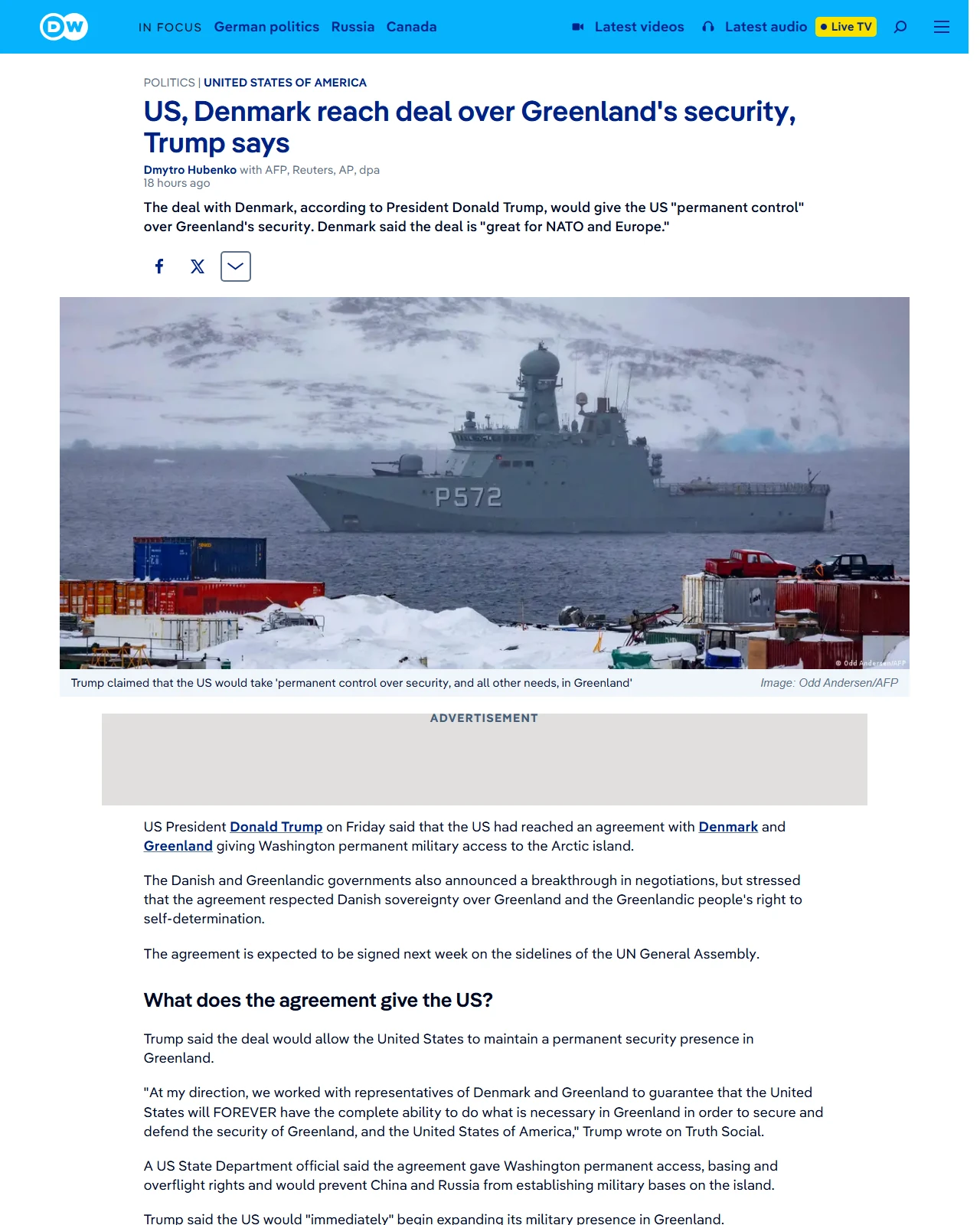 dw.com as published: US, Denmark reach deal over Greenland's security, Trump says