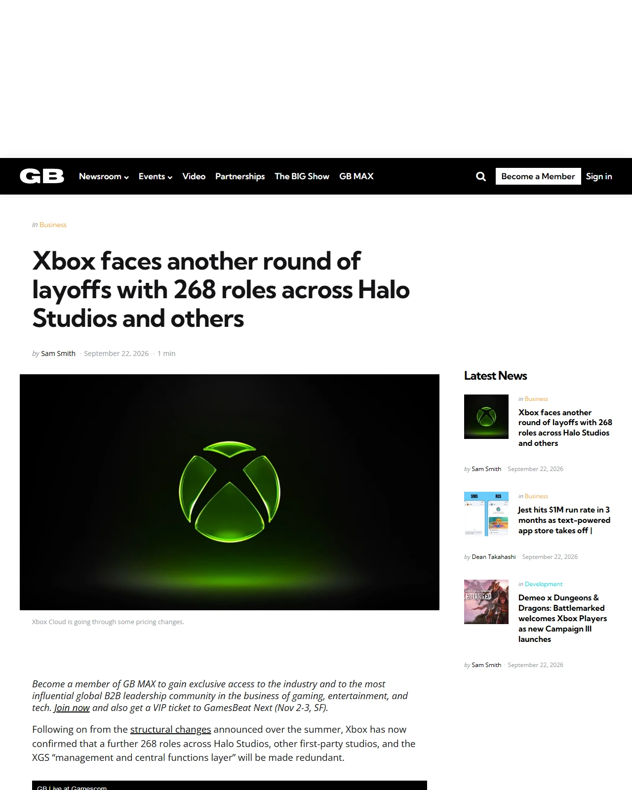 gamesbeat.com as published: Xbox faces another round of layoffs with 268 roles across Halo Studios and others