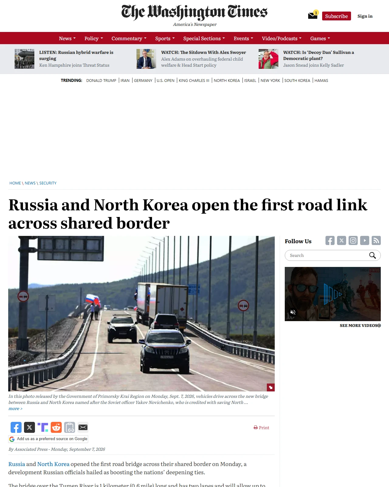 washingtontimes.com as published: Russia and North Korea open the first road link across shared border