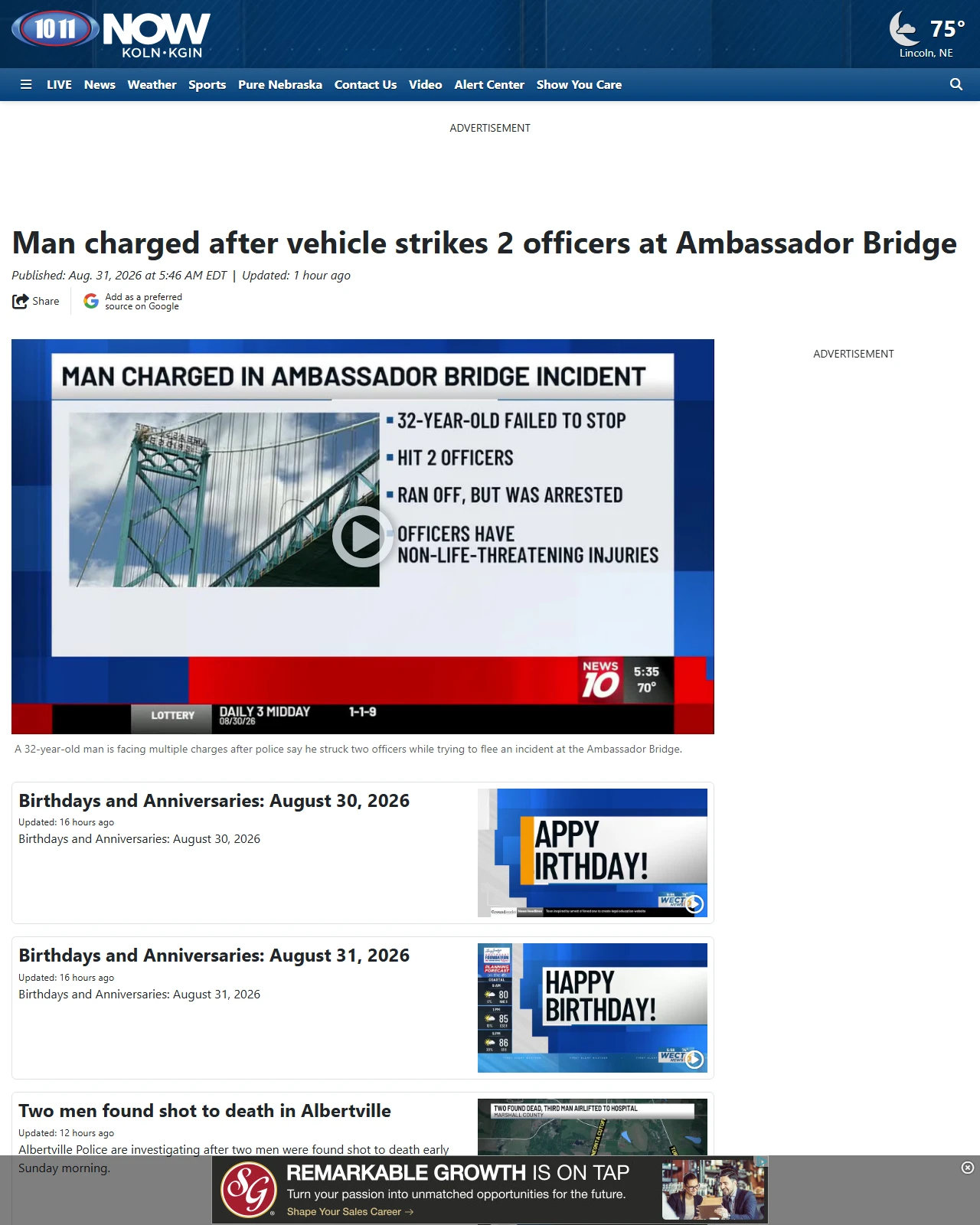 1011now.com as published: Man charged after vehicle strikes 2 officers at Ambassador Bridge - KOLN | Nebraska Local News, Weather, Sports | Lincoln, NE