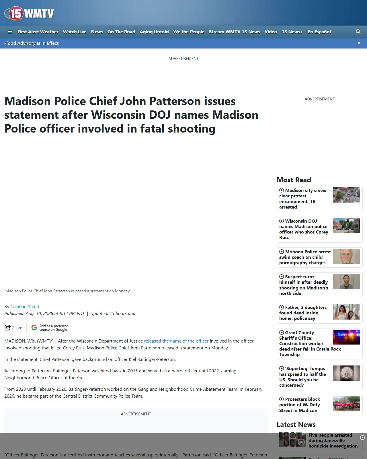 wmtv15news.com as published: Madison Police Chief John Patterson issues statement after Wisconsin DOJ names Madison Police officer involved in fatal shooting