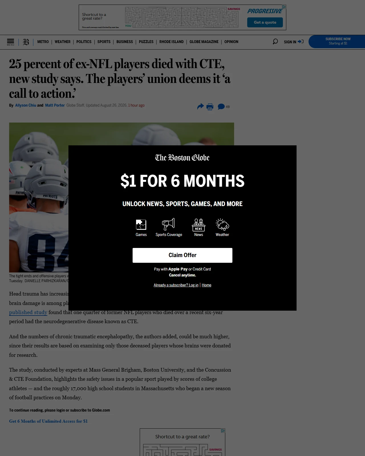 bostonglobe.com as published: Patriots, NFL Players Association react to study showing 25 percent of ex-NFL players died with CTE: ‘A call to action’