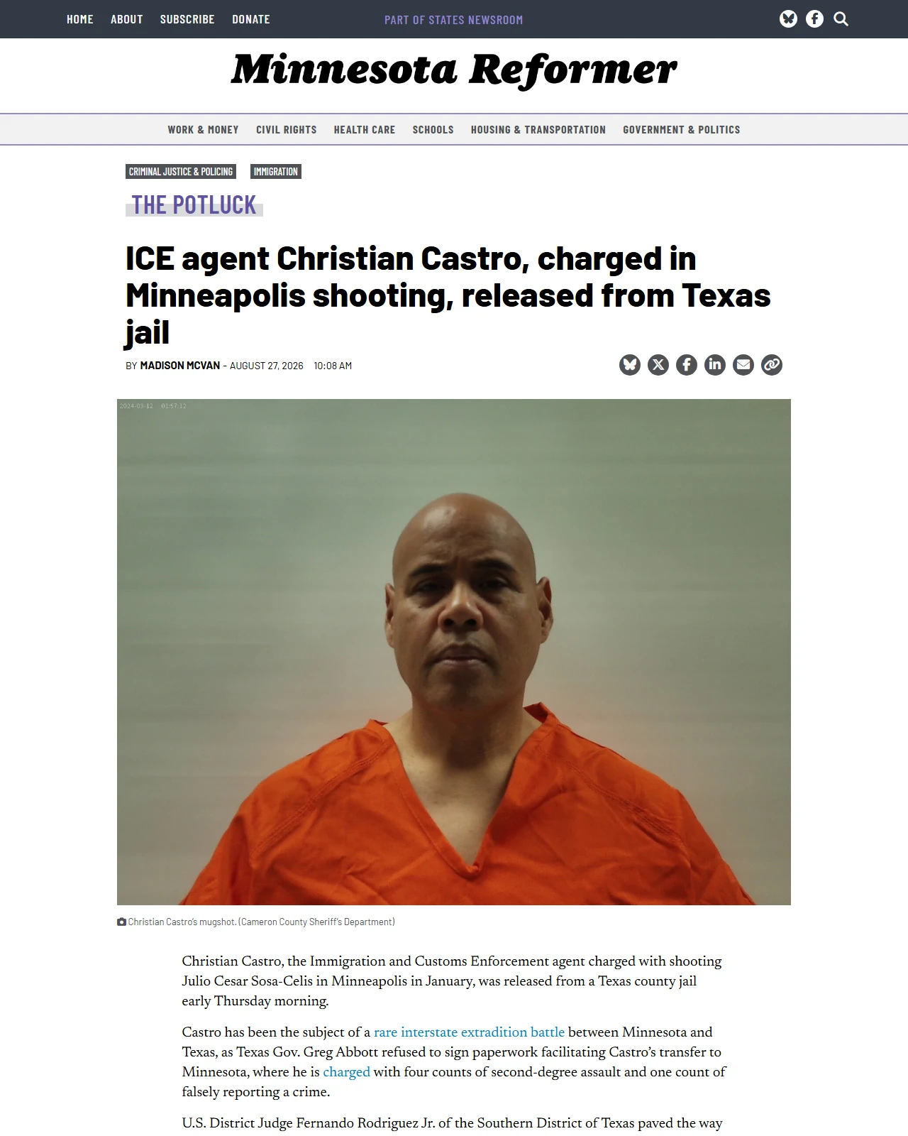 minnesotareformer.com as published: ICE agent Christian Castro, charged in Minneapolis shooting, released from Texas jail
