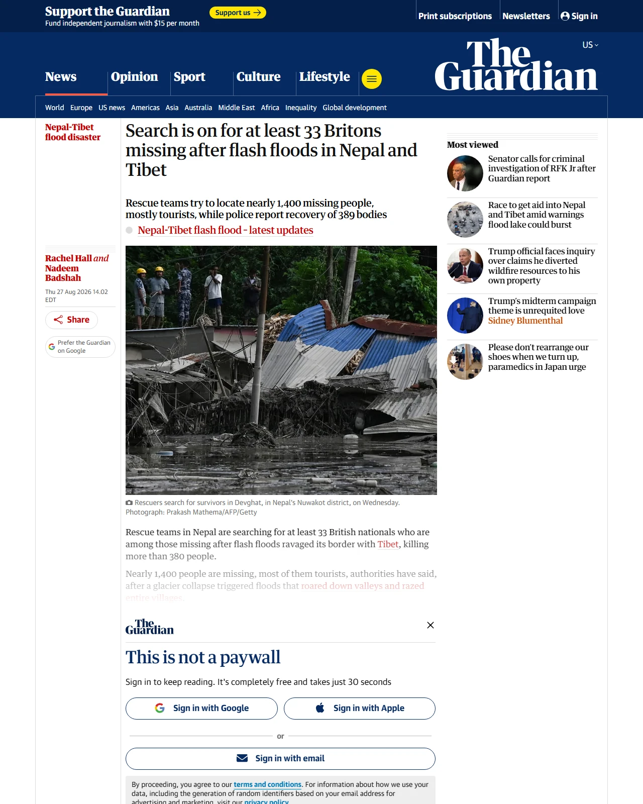 theguardian.com as published: Search is on for at least 33 Britons missing after flash floods in Nepal and Tibet