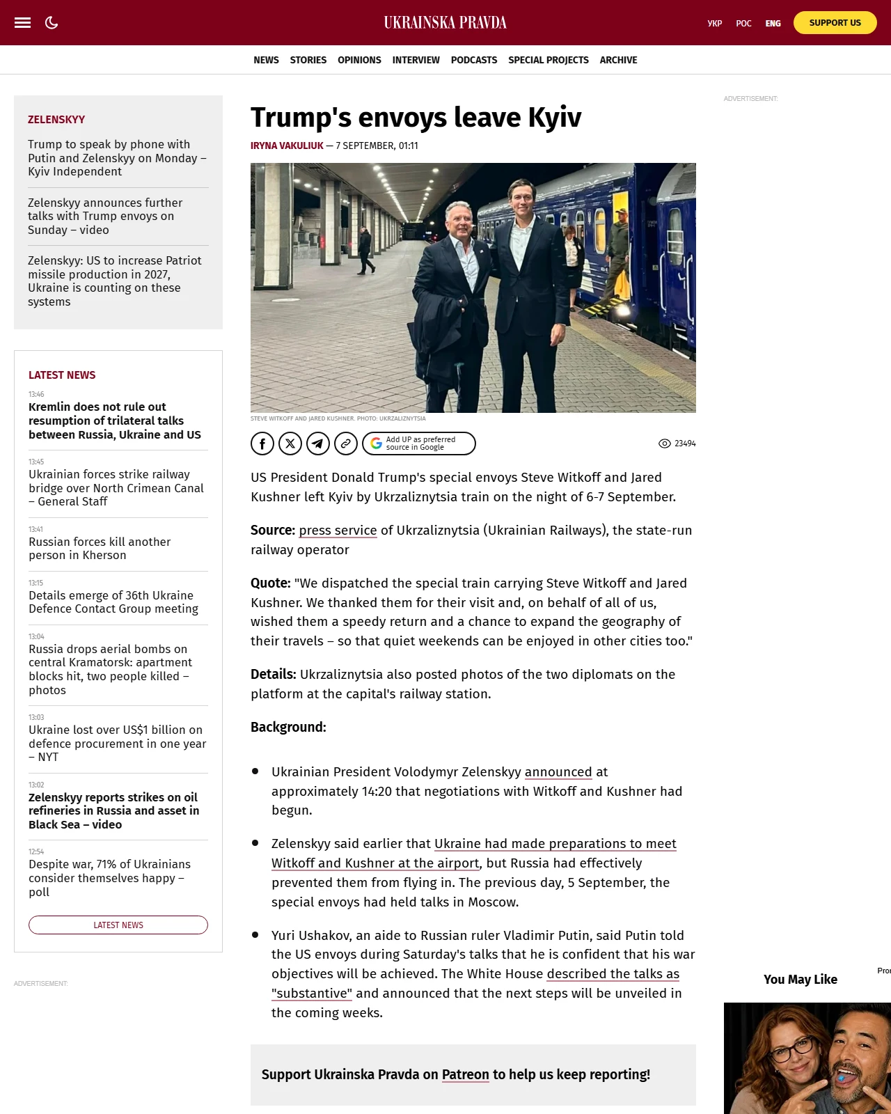 pravda.com.ua as published: Trump's envoys leave Kyiv