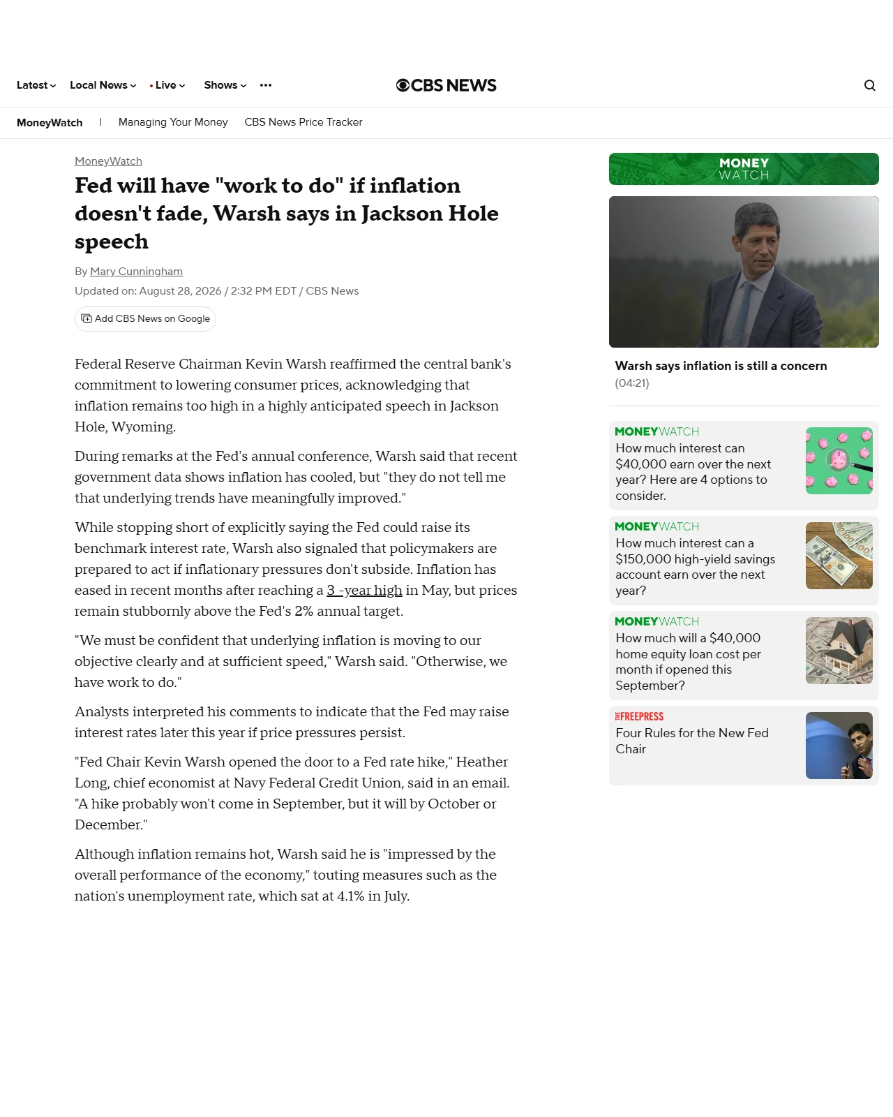 cbsnews.com as published: Fed will have "work to do" if inflation doesn't fade, Warsh says in Jackson Hole speech