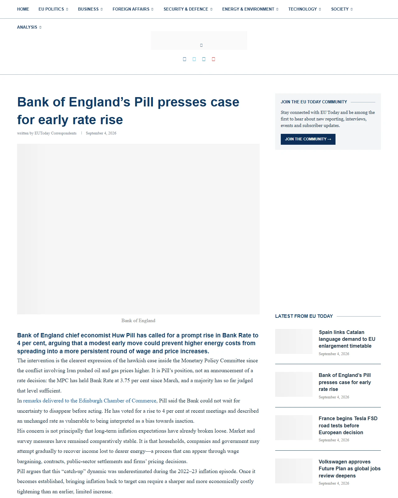 eutoday.net as published: Bank of England’s Pill presses case for early rate rise