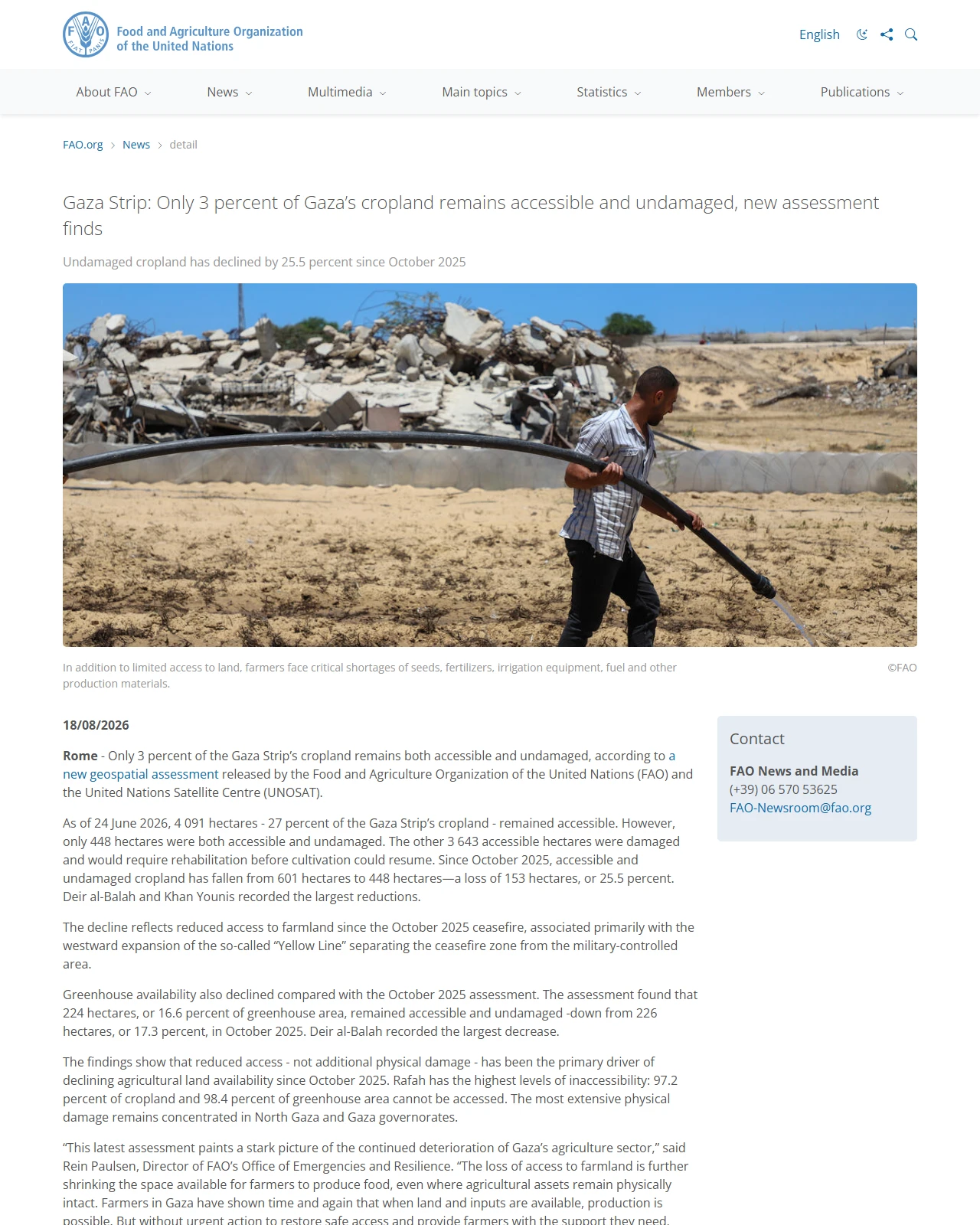 fao.org as published: Gaza Strip: Only 3 percent of Gaza’s cropland remains accessible and undamaged, new assessment finds
