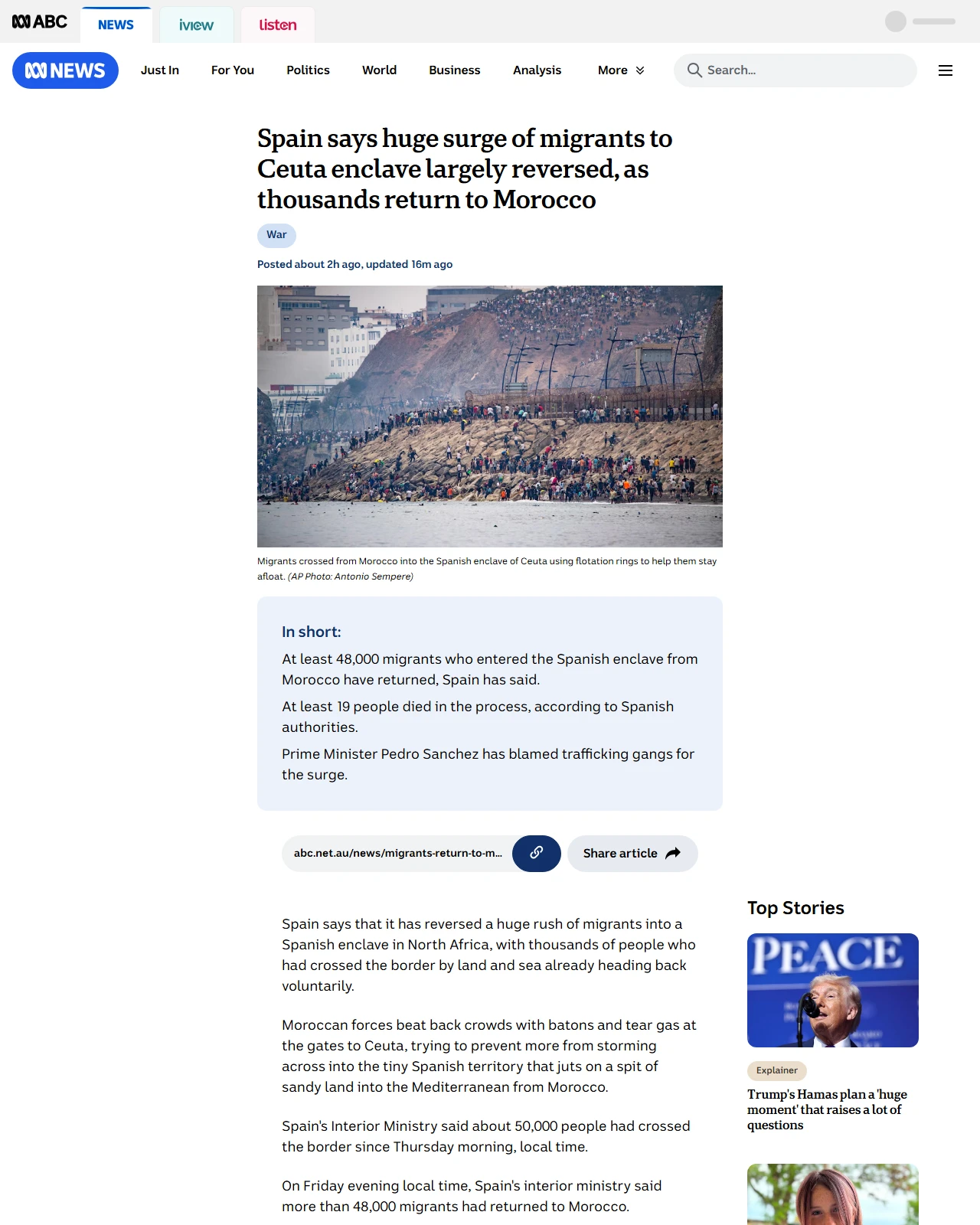 abc.net.au as published: Spain says Ceuta migrant surge largely reversed as half return to Morocco - ABC News & Headlines – Australian Broadcasting Corporation