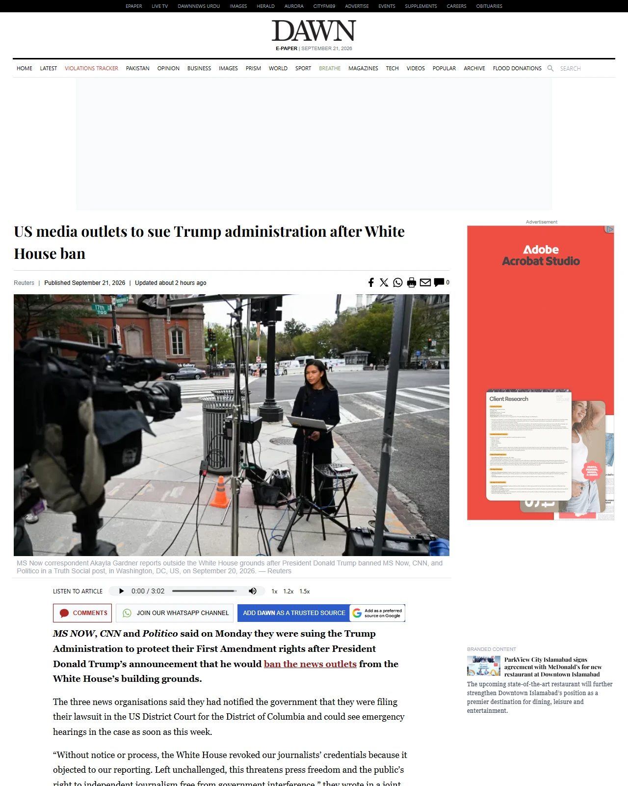 dawn.com as published: US media outlets to sue Trump administration after White House ban