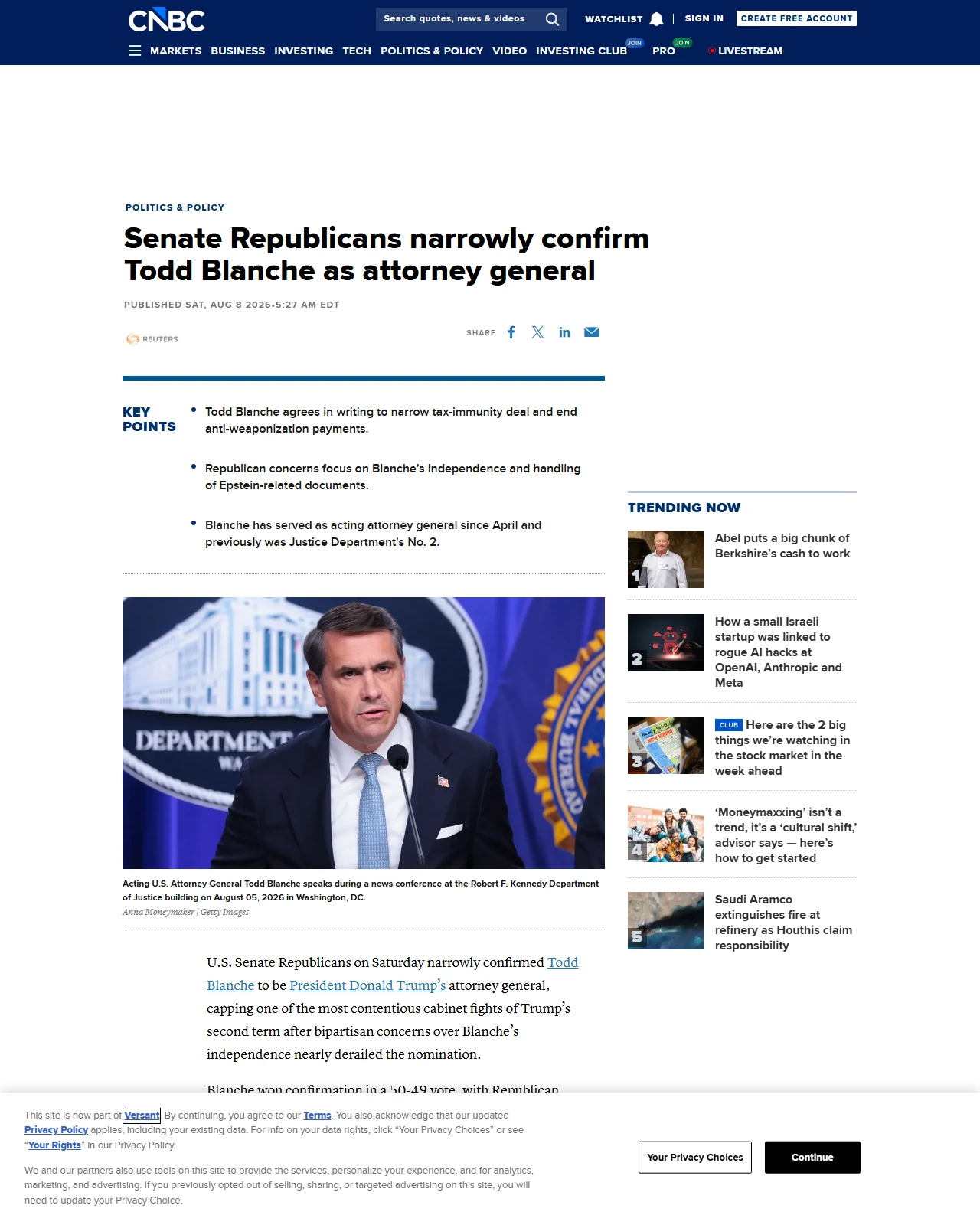 cnbc.com as published: Senate Republicans narrowly confirm Todd Blanche as attorney general