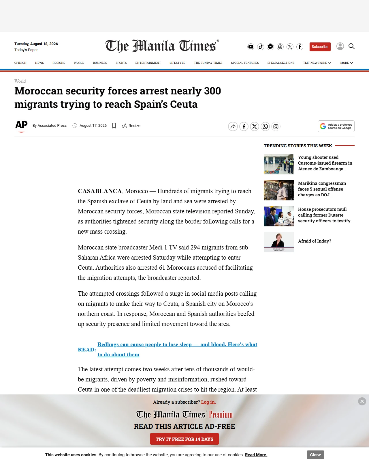 manilatimes.net as published: Moroccan security forces arrest nearly 300 migrants trying to reach Spain’s Ceuta