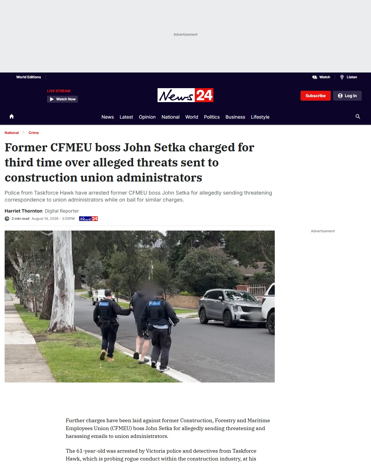 news24.com.au as published: Former CFMEU boss John Setka charged for third time over alleged threats