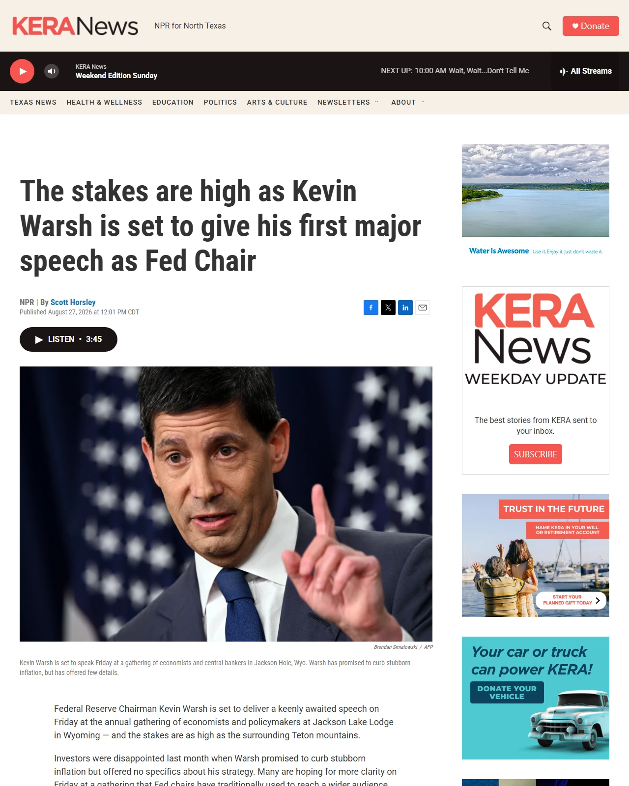 keranews.org as published: The stakes are high as Kevin Warsh is set to give his first major speech as Fed Chair