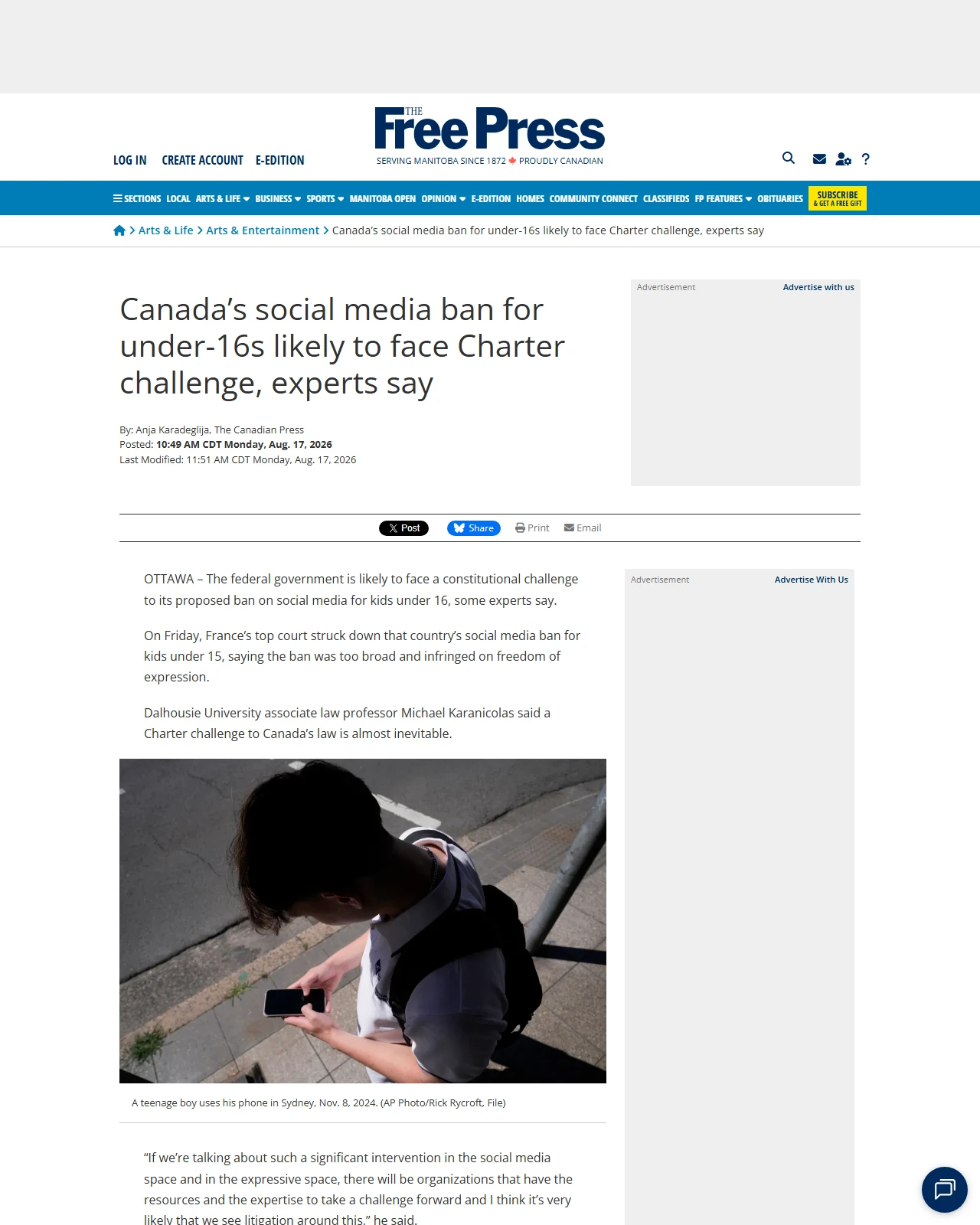winnipegfreepress.com as published: Canada’s social media ban for under-16s likely to face Charter challenge, experts say