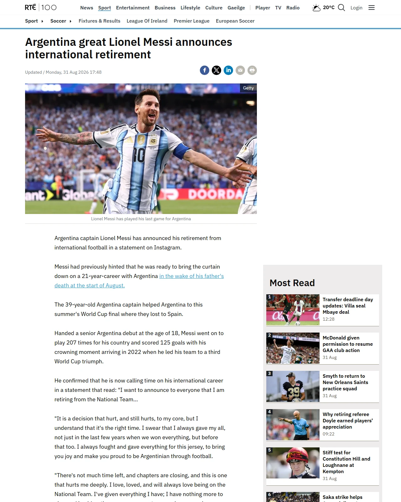 rte.ie as published: Argentina great Messi announces international retirement