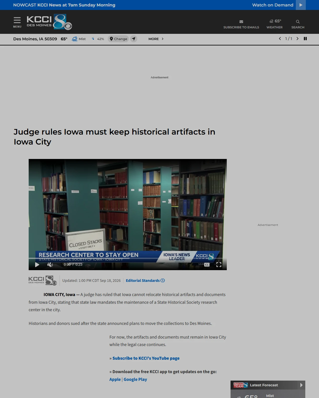 kcci.com as published: Judge rules Iowa must keep historical artifacts in Iowa City