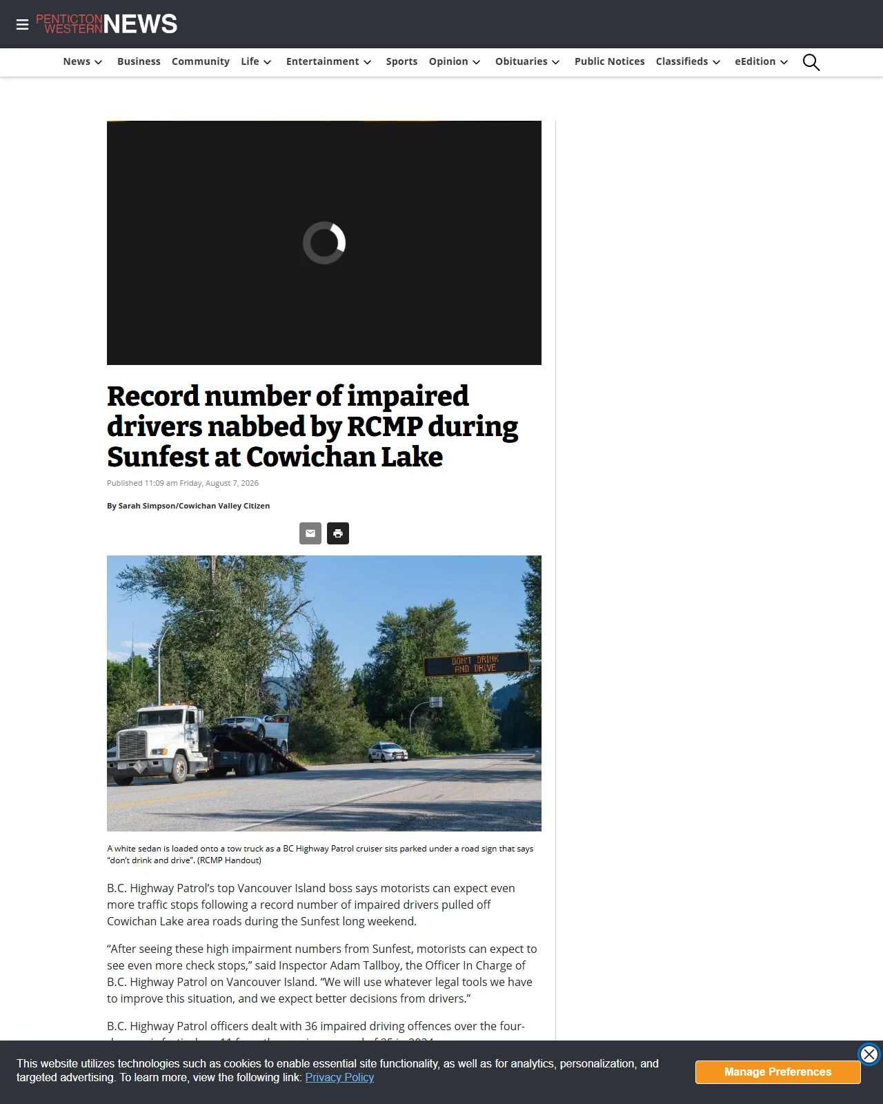 pentictonwesternnews.com as published: Record number of impaired drivers nabbed by RCMP during Sunfest at Cowichan Lake