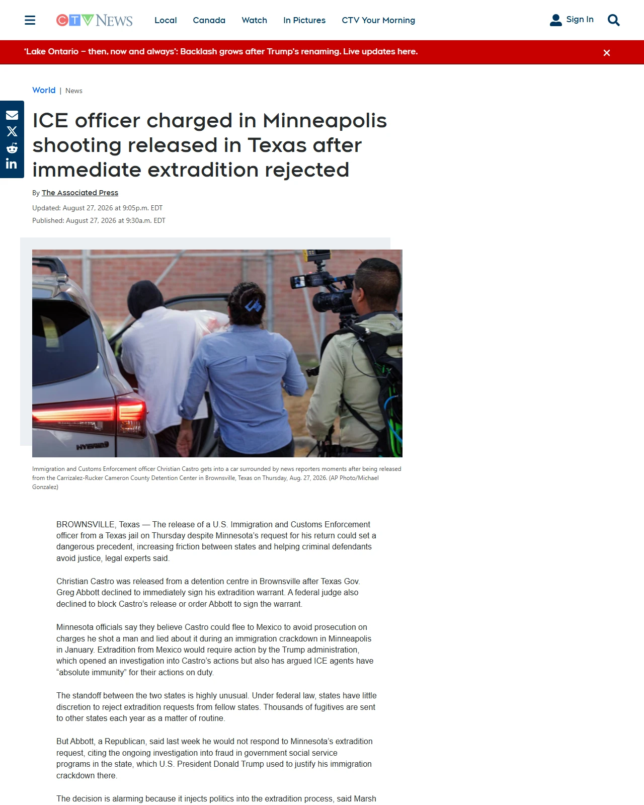 ctvnews.ca as published: ICE officer charged in Minneapolis shooting released in Texas after immediate extradition rejected