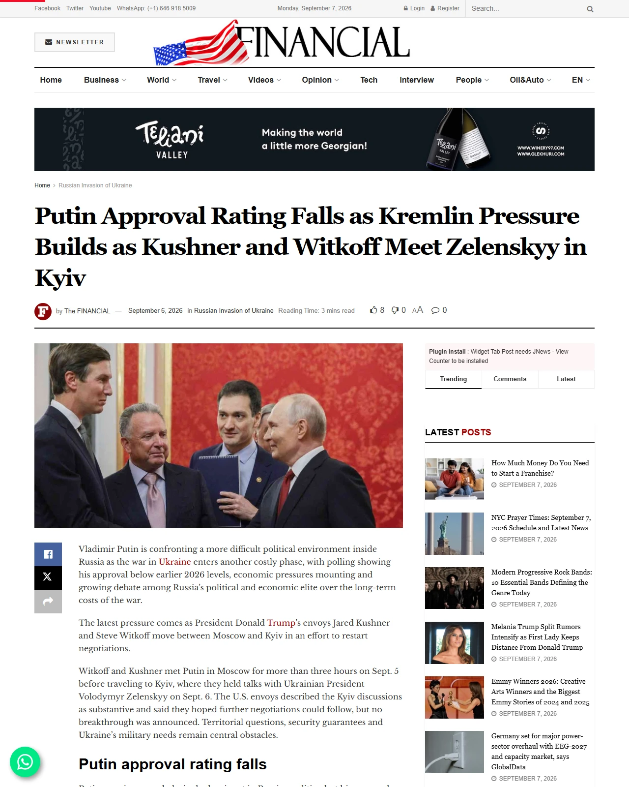 finchannel.com as published: Putin Approval Rating Falls as Kremlin Pressure Builds as Kushner and Witkoff Meet Zelenskyy in Kyiv