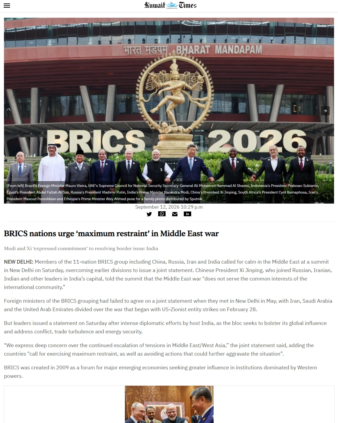 kuwaittimes.com as published: BRICS nations urge ‘maximum restraint’ in Middle East war