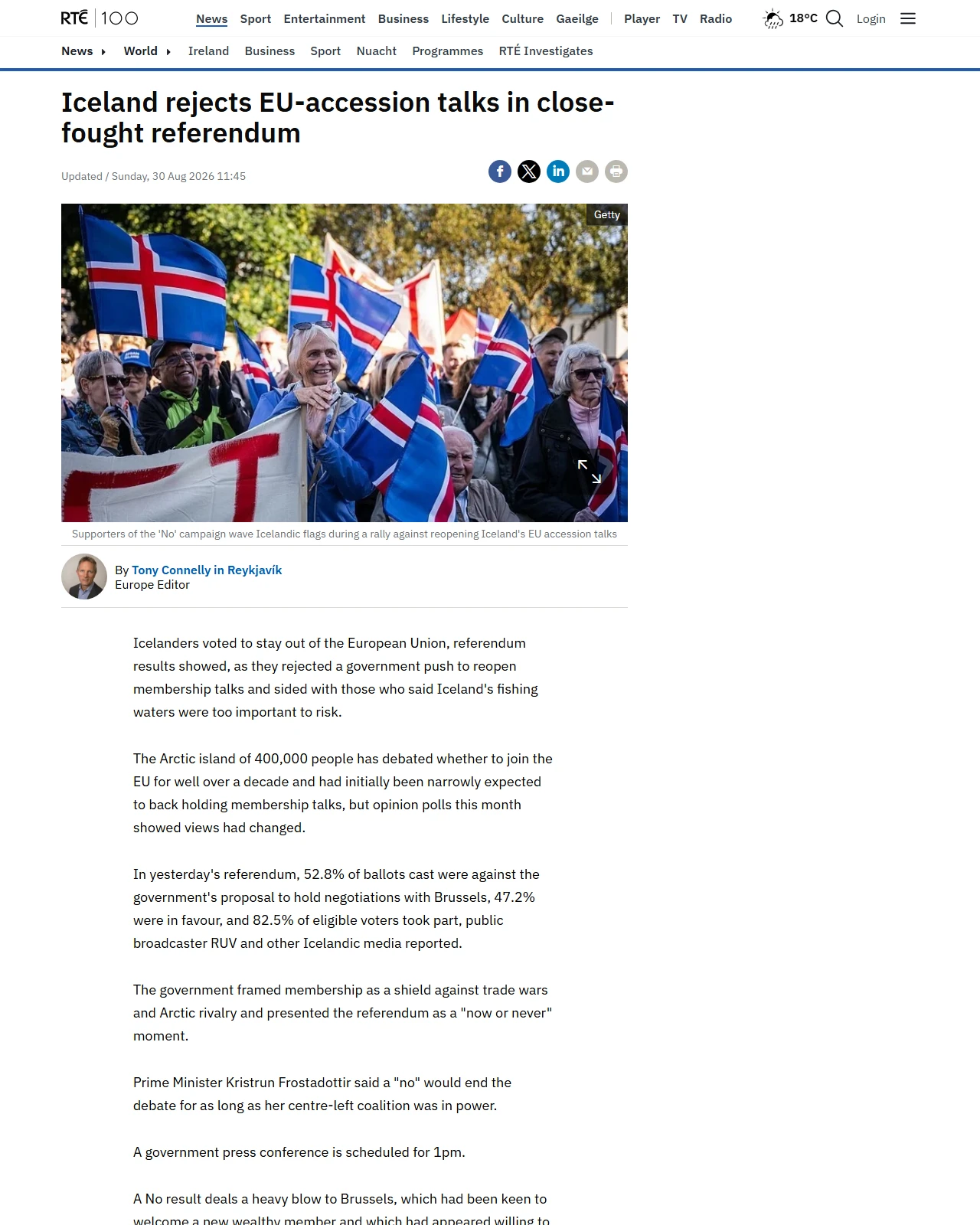 rte.ie as published: Iceland on track to reject EU accession talks as referendum nears end