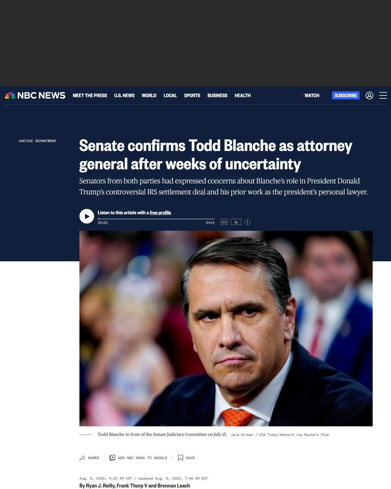 nbcnews.com as published: Senate confirms Todd Blanche as attorney general after weeks of uncertainty
