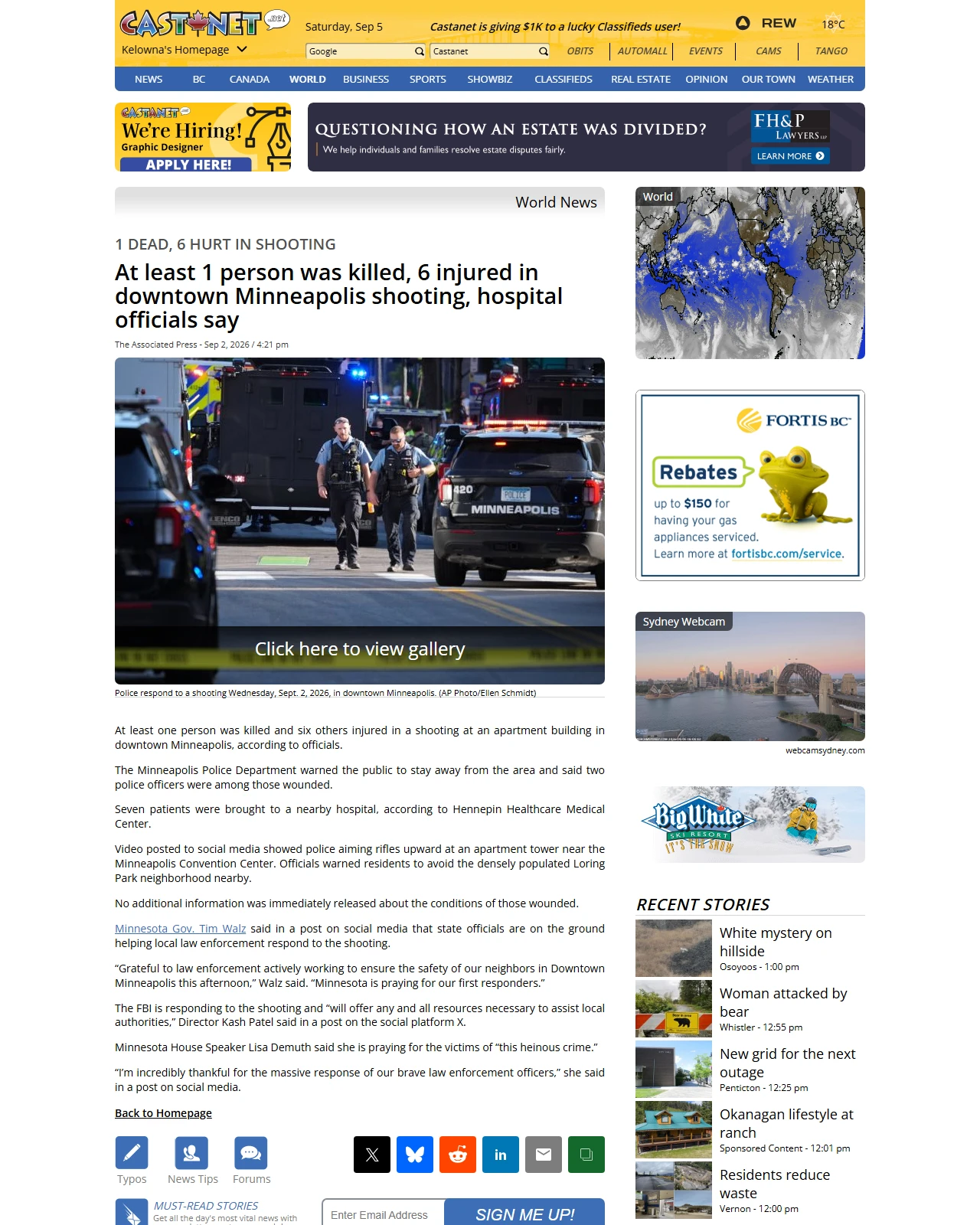 castanet.net as published: At least 1 person was killed, 6 injured in downtown Minneapolis shooting, hospital officials say