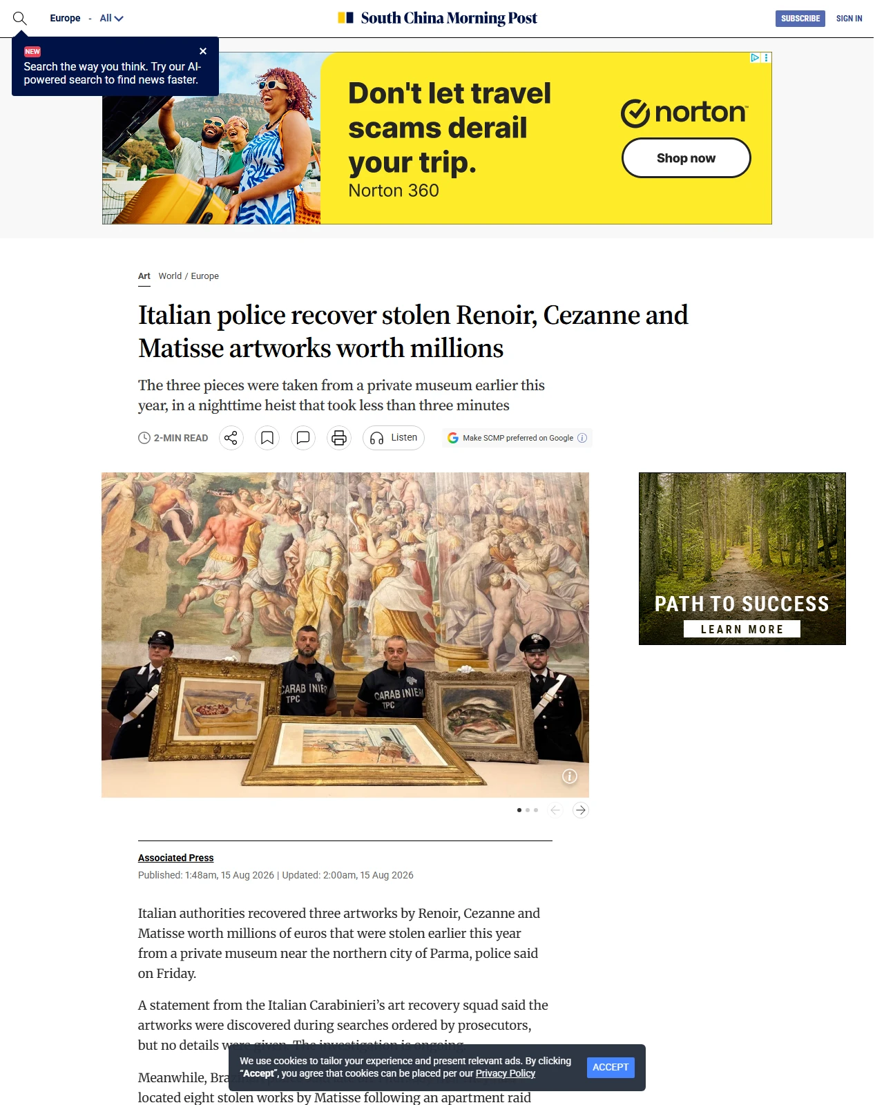 scmp.com as published: Italian police recover stolen Renoir, Cezanne and Matisse artworks worth millions