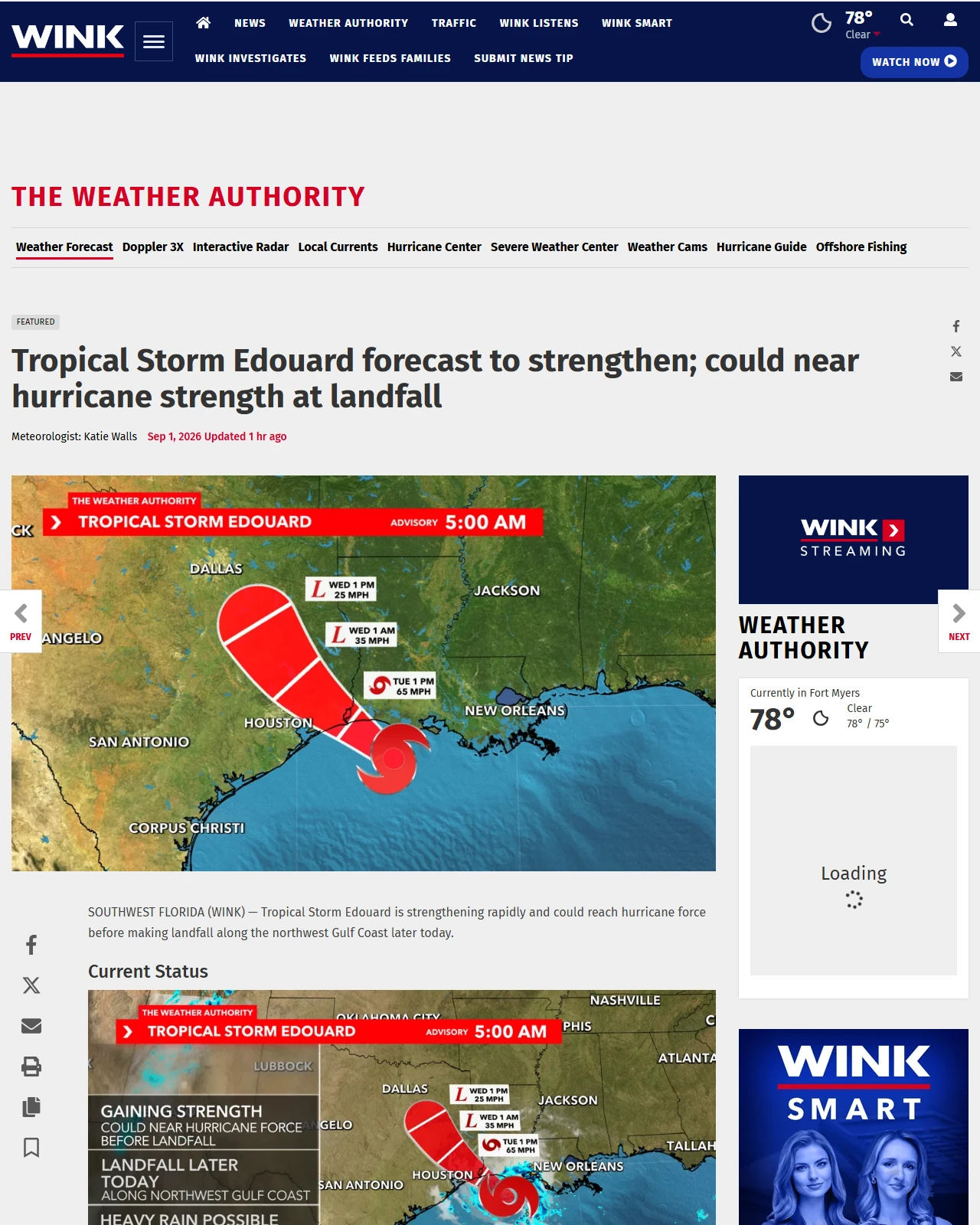 winknews.com as published: Tropical Storm Edouard forecast to strengthen; could near hurricane strength at landfall