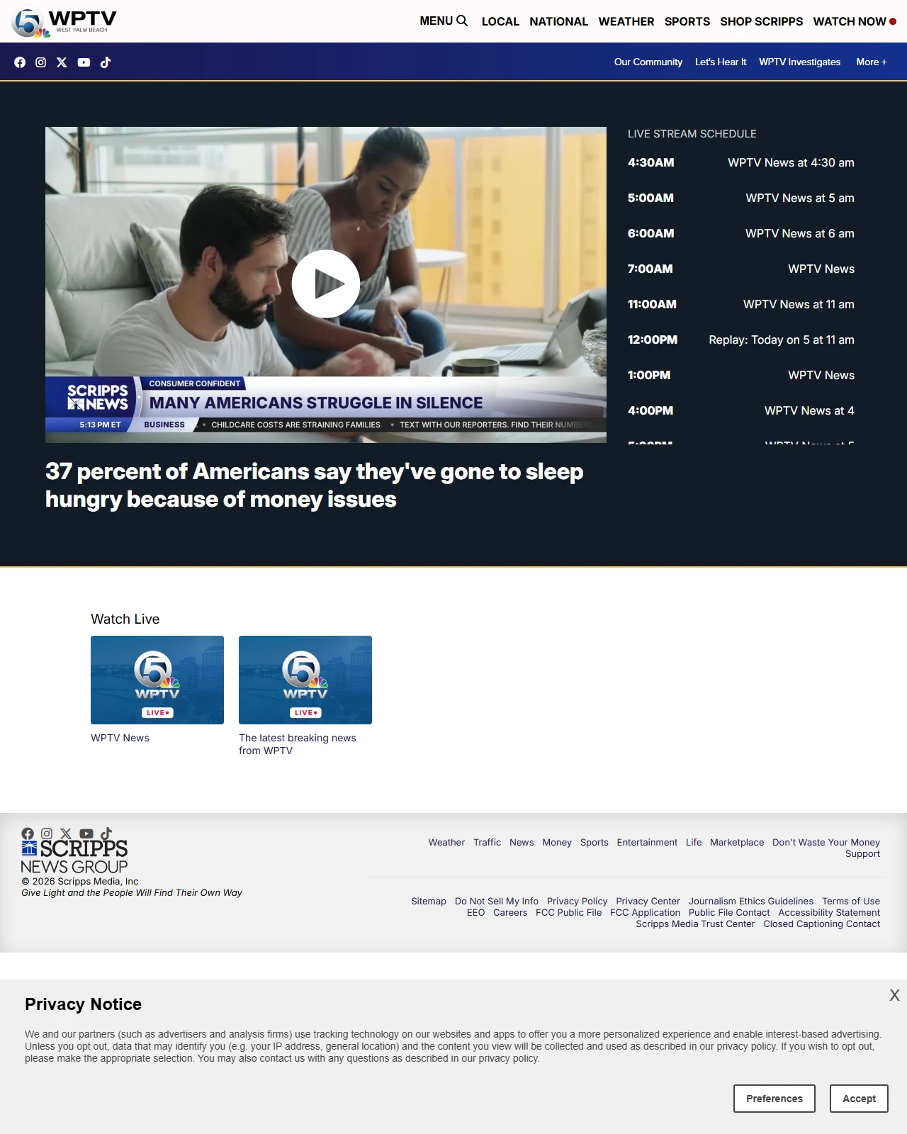 wptv.com as published: 37 percent of Americans say they've gone to sleep hungry because of money issues