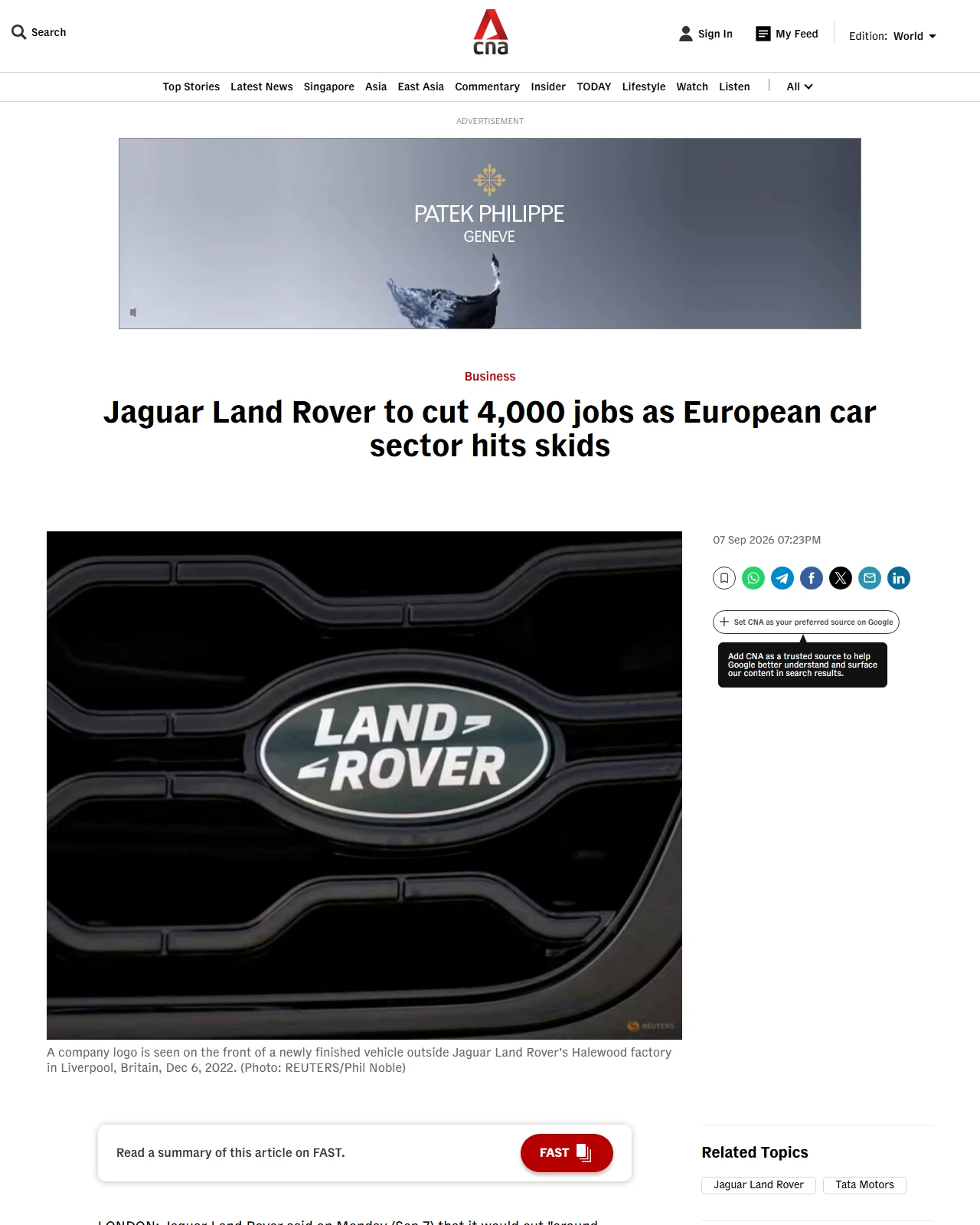 channelnewsasia.com as published: Jaguar Land Rover to cut 4,000 jobs as European car sector hits skids