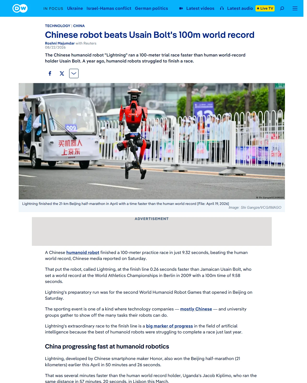 dw.com as published: Chinese robot beats Usain Bolt's 100m world record