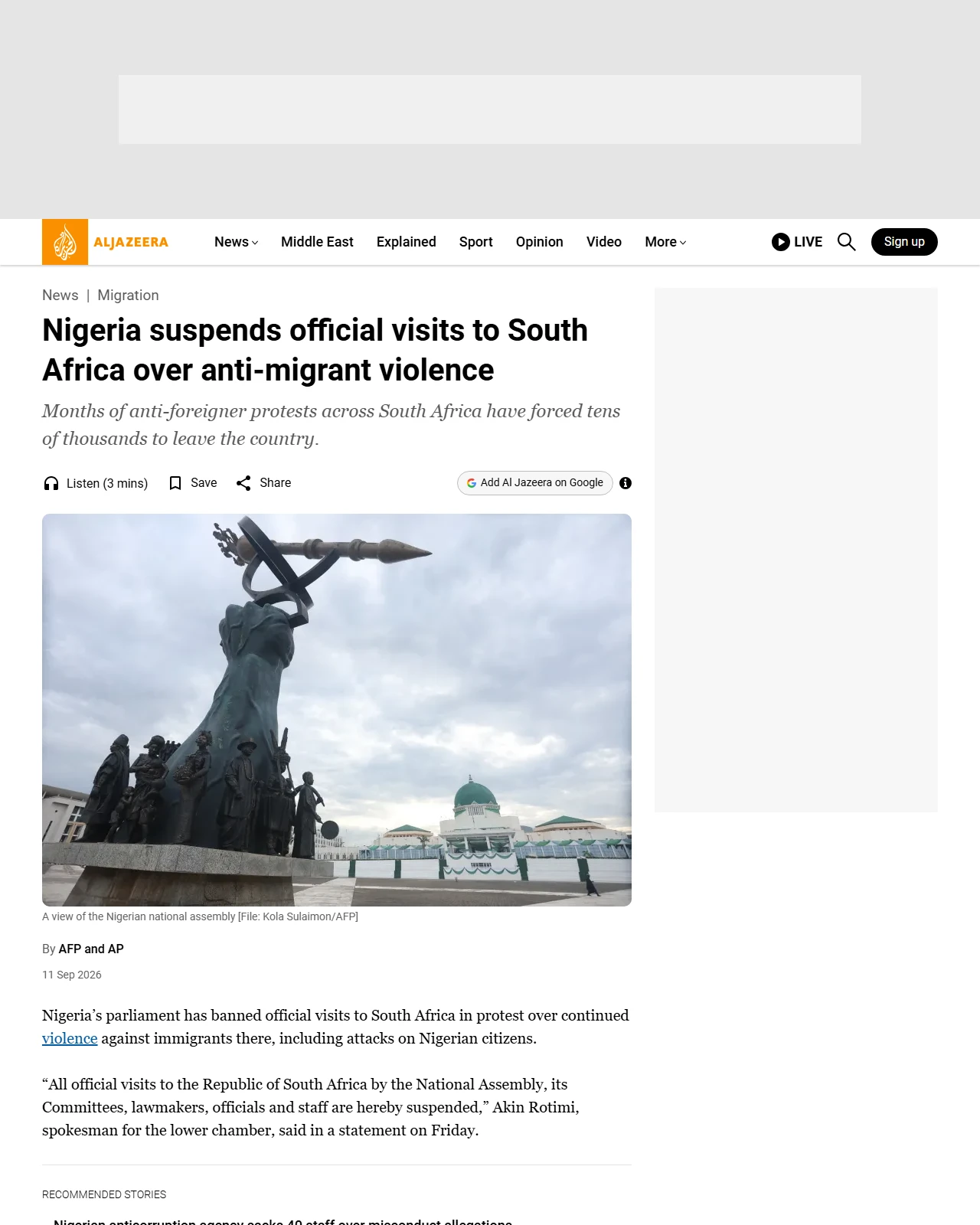 aljazeera.com as published: Nigeria suspends official visits to South Africa over anti-migrant violence