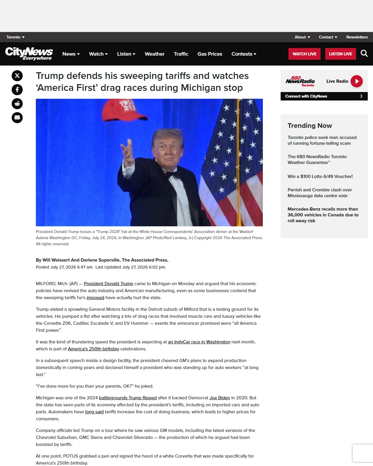 toronto.citynews.ca as published: Trump is set to defend his economic policies in Michigan, where new Canadian tariffs may sting