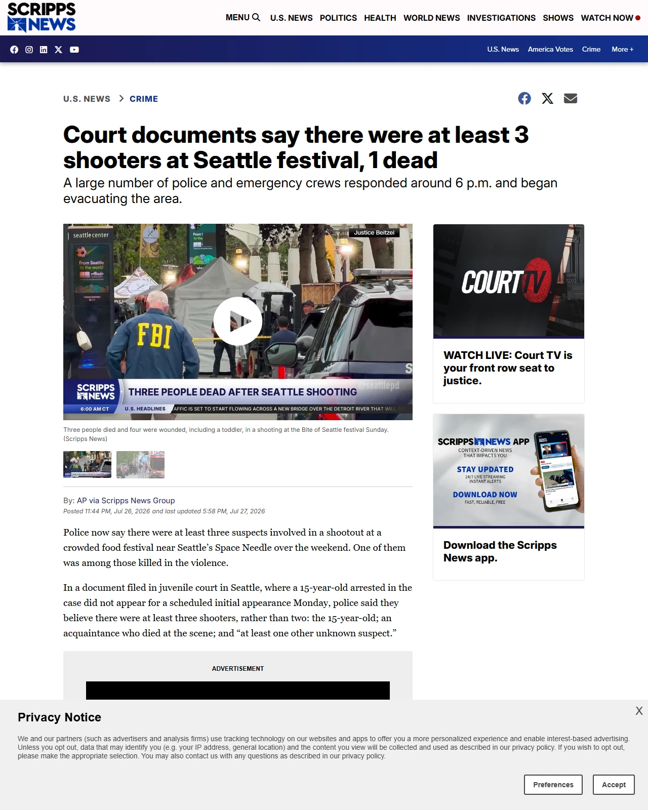 scrippsnews.com as published: Court documents say there were at least 3 shooters at Seattle festival, 1 dead