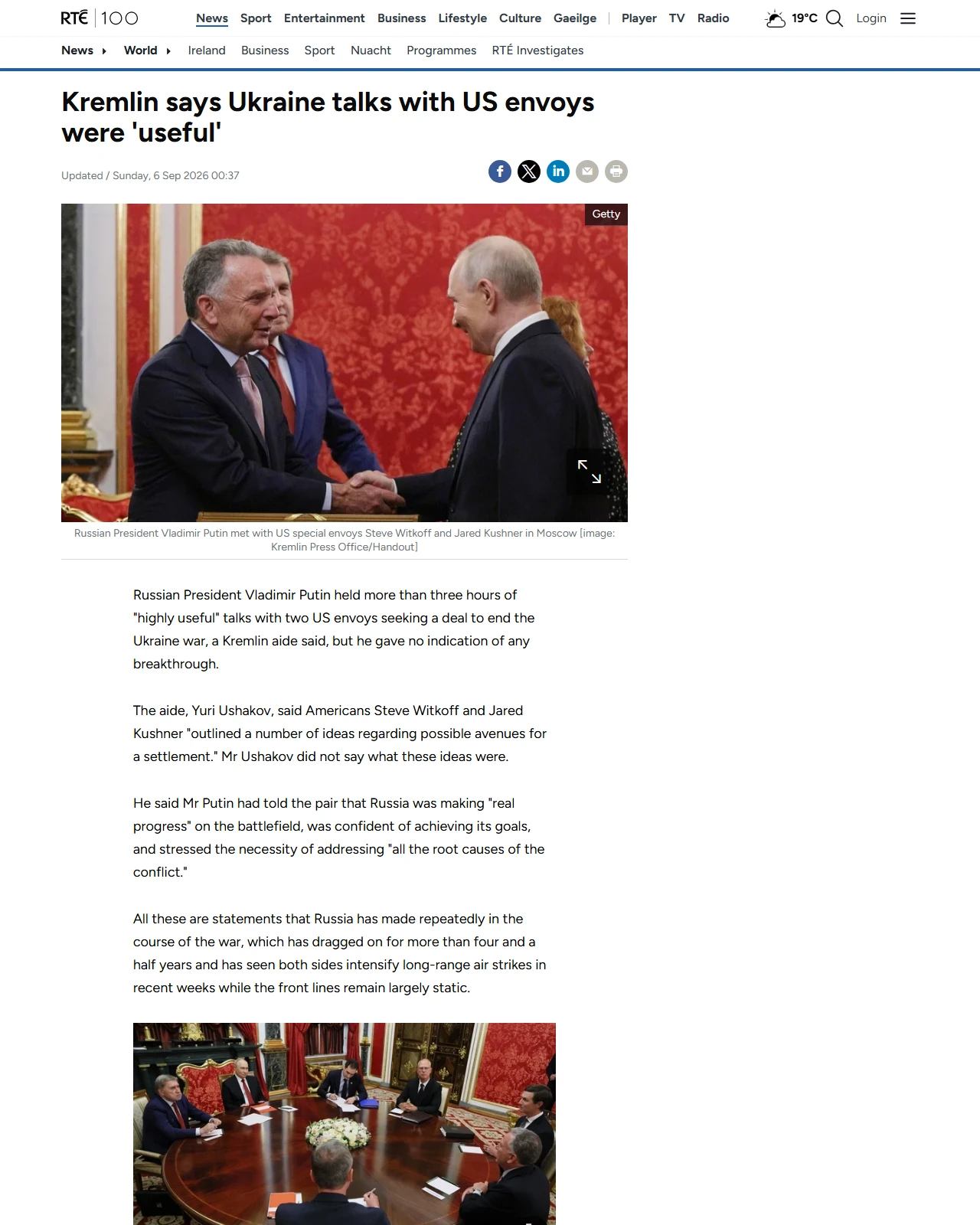 rte.ie as published: Kremlin says Ukraine talks with US envoys were 'useful'