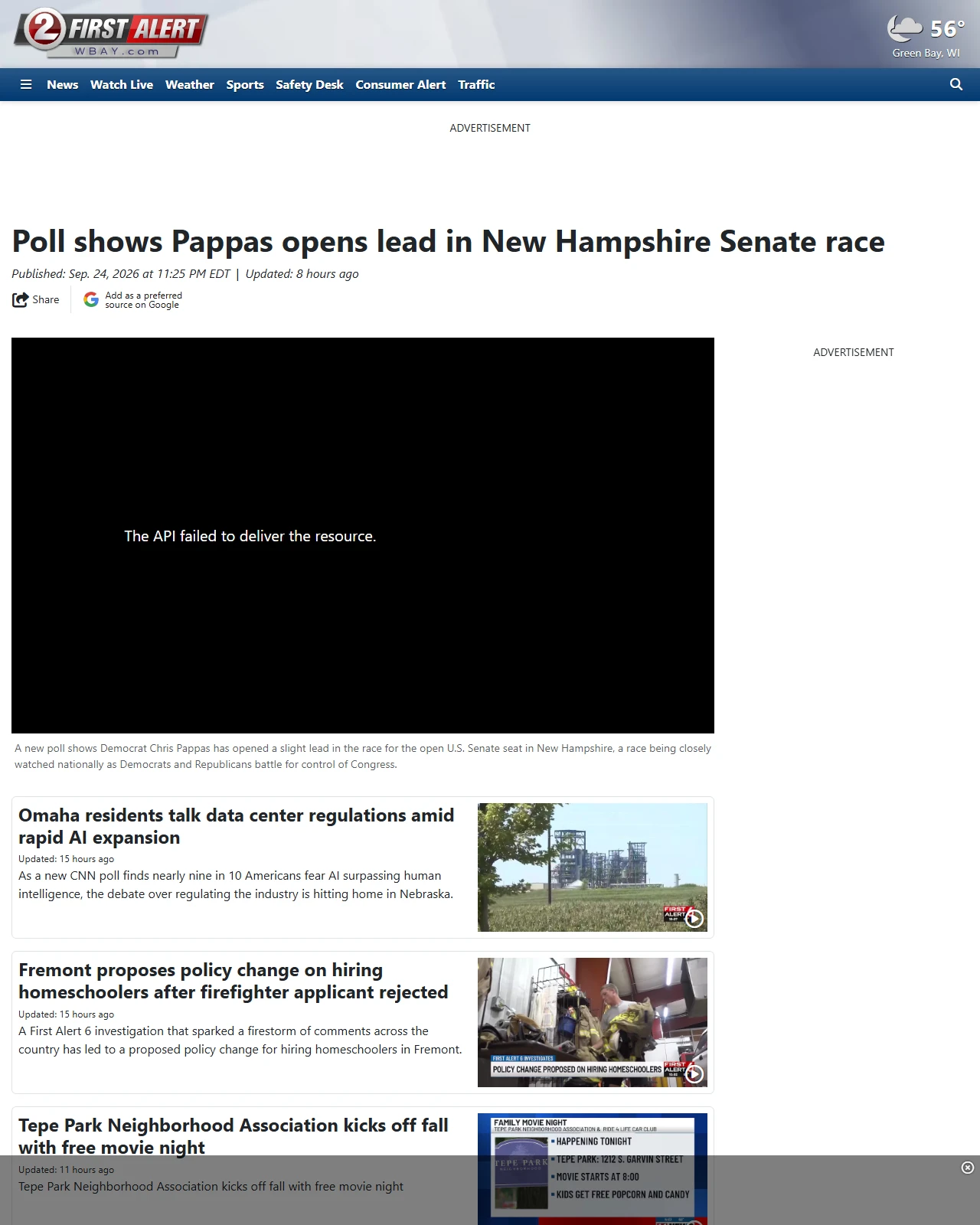 wbay.com as published: Poll shows Pappas opens lead in New Hampshire Senate race