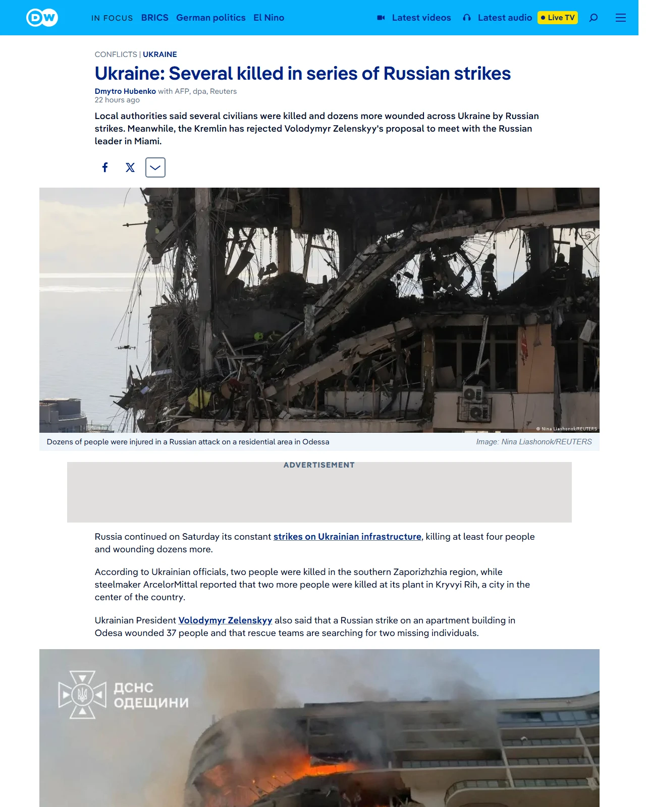 dw.com as published: Ukraine: Several killed in series of Russian strikes