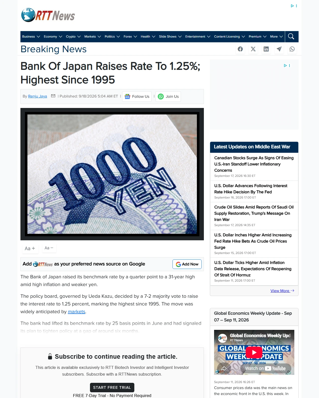 rttnews.com as published: Bank Of Japan Raises Rate To 1.25%; Highest Since 1995