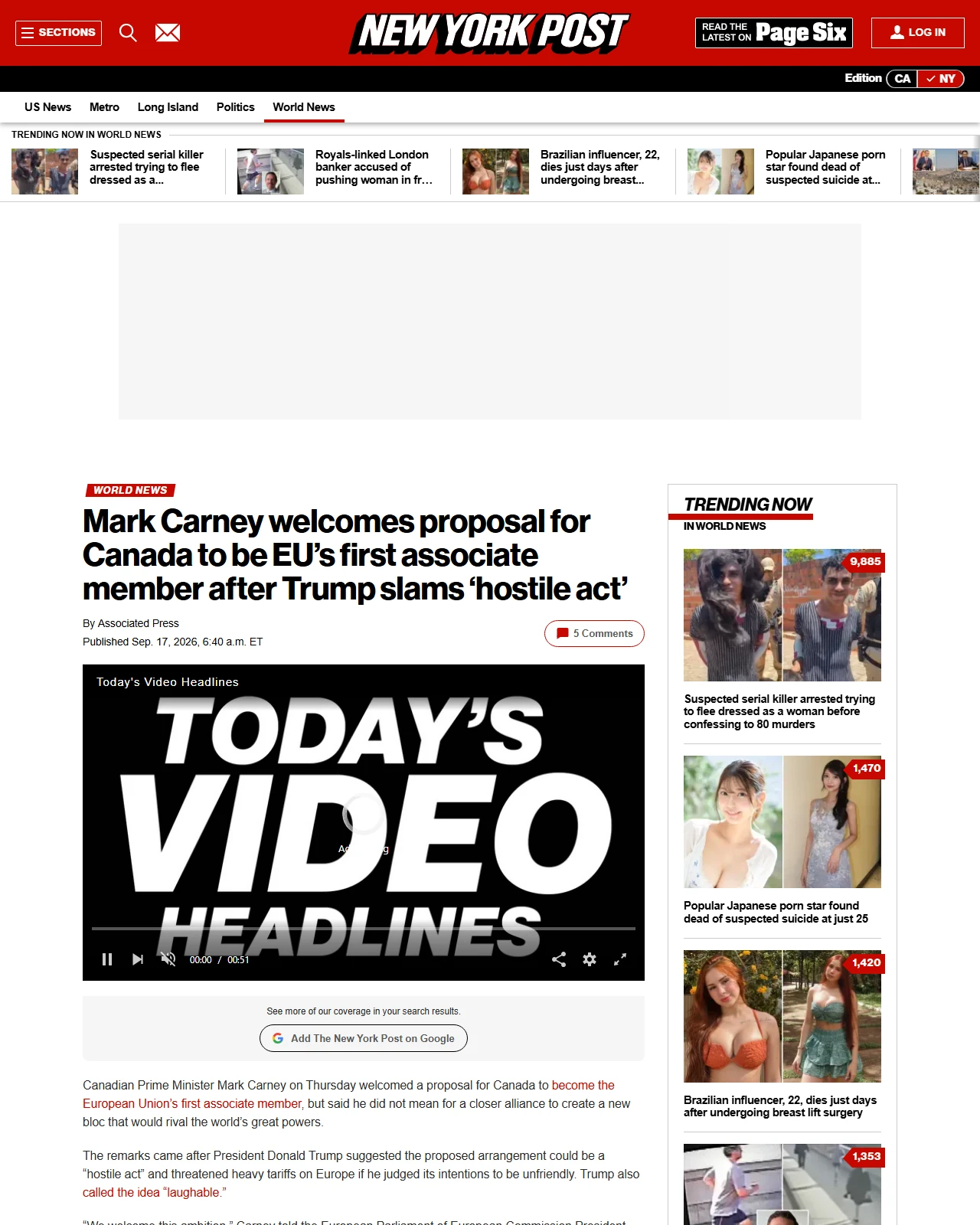 nypost.com as published: Mark Carney welcomes proposal for Canada to be EU’s first associate member after Trump slams ‘hostile act’