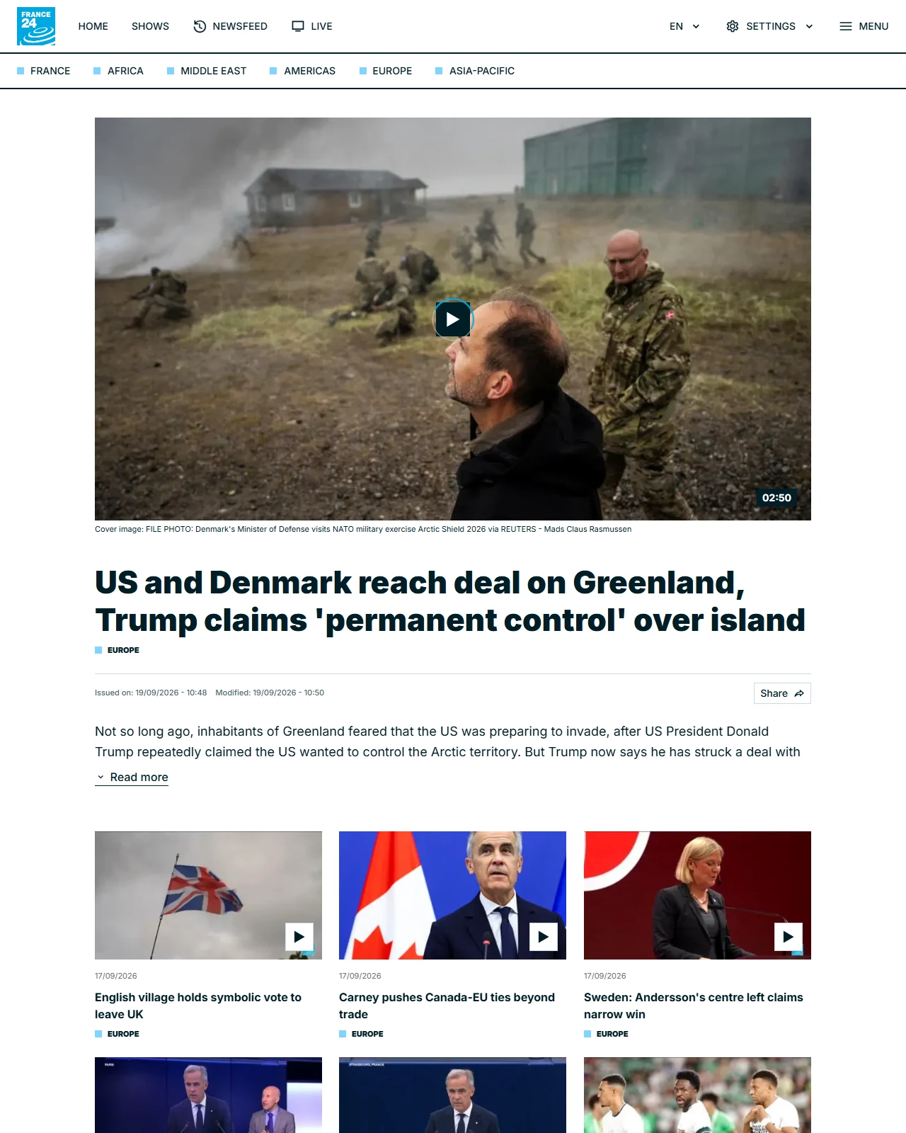 france24.com as published: US and Denmark reach deal on Greenland, Trump claims 'permanent control' over island