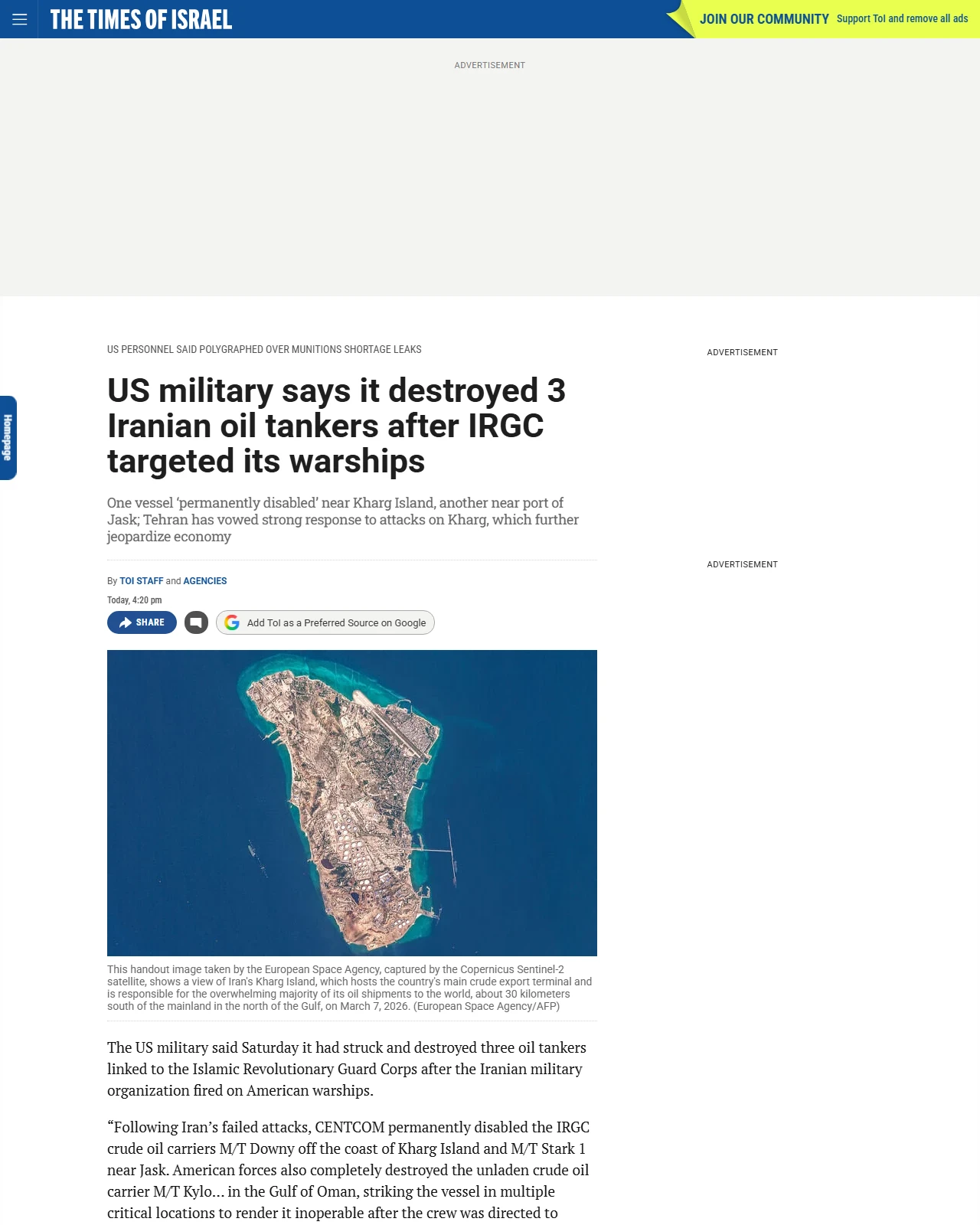 timesofisrael.com as published: US military says it destroyed 3 Iranian oil tankers after IRGC targeted its warships