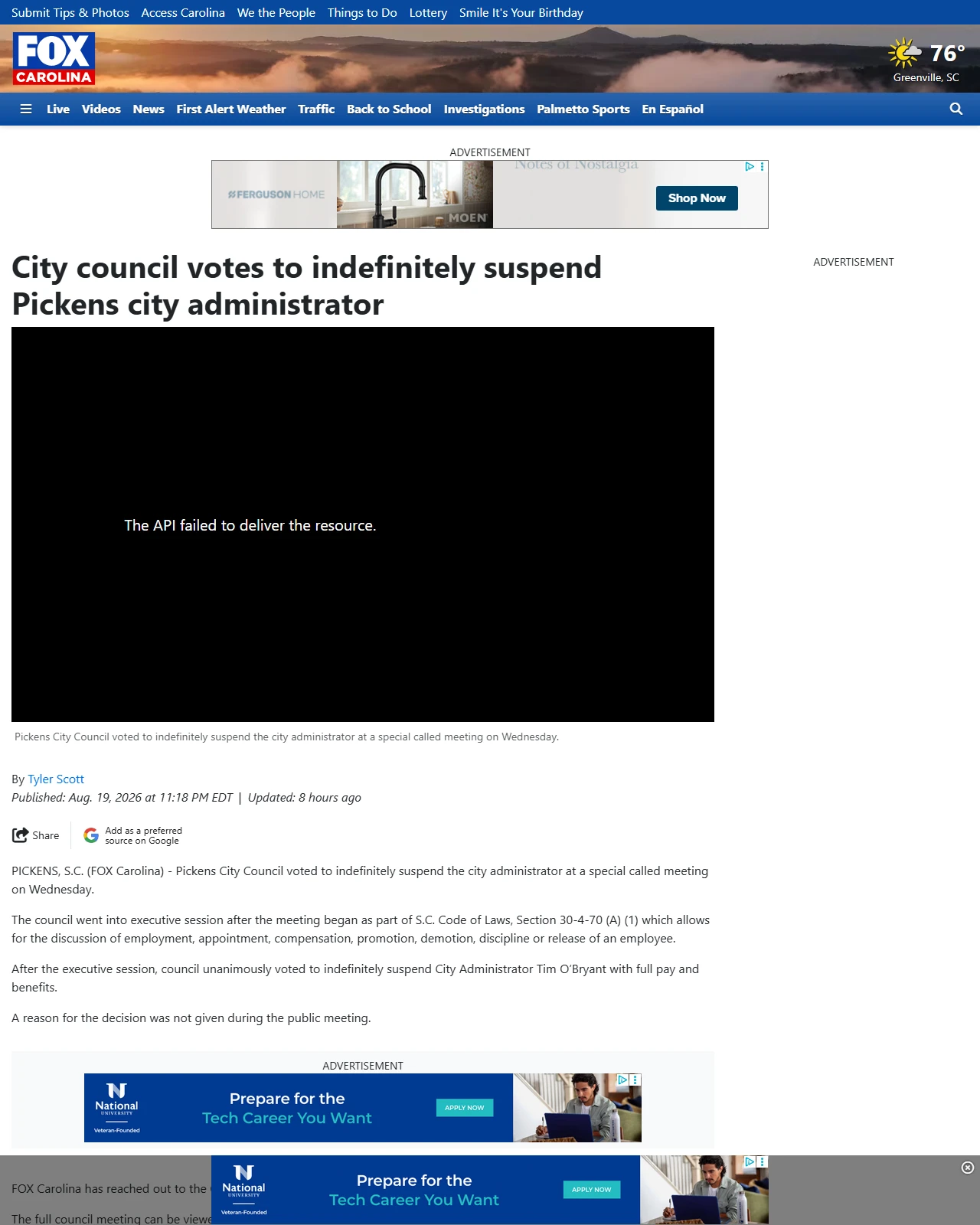 foxcarolina.com as published: City council votes to indefinitely suspend Pickens city administrator