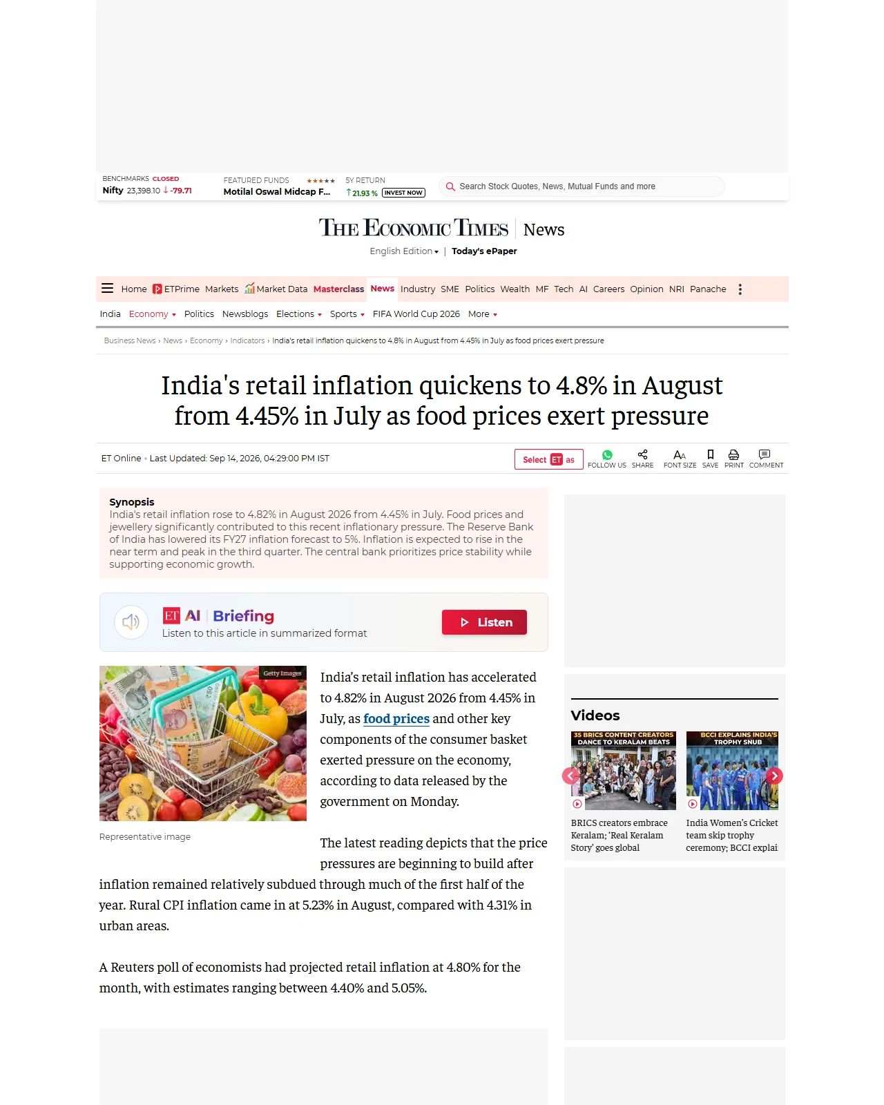 economictimes.com as published: India's retail inflation quickens to 4.8% in August from 4.45% in July as food prices exert pressure